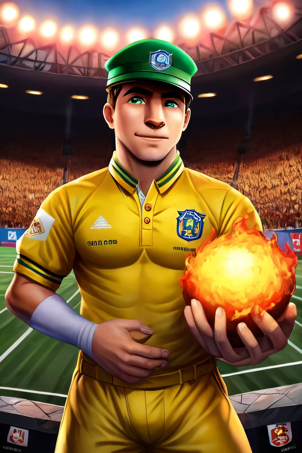  homem de costas com uniforme verde e amarelo com numero 10 nas costas  , holding a burning ball inside a crowded stadium 
