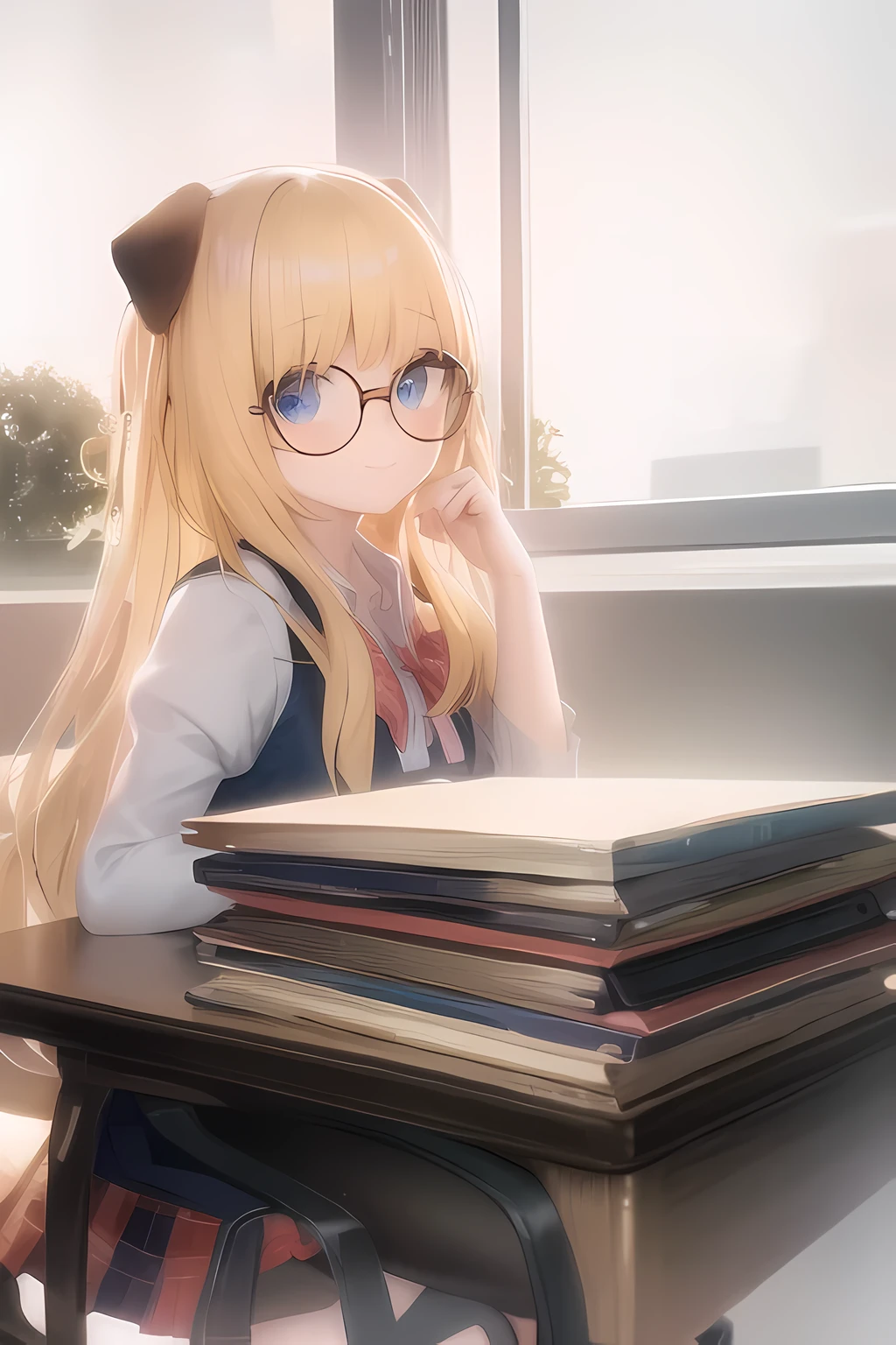 blonde anime girl with glasses and school outfit sitting at a desk with a stack of books, blue eyes, have cute brown dog ears, render of a cute 3d anime girl, smiling looking at camera, anime styled 3d, hanayamata, small curvy , 3d anime girl, anime moe artstyle, vrchat, , anime style. 8k, stylized anime, render of april, shikamimi, schoolgir, ddlc, sat at a desk