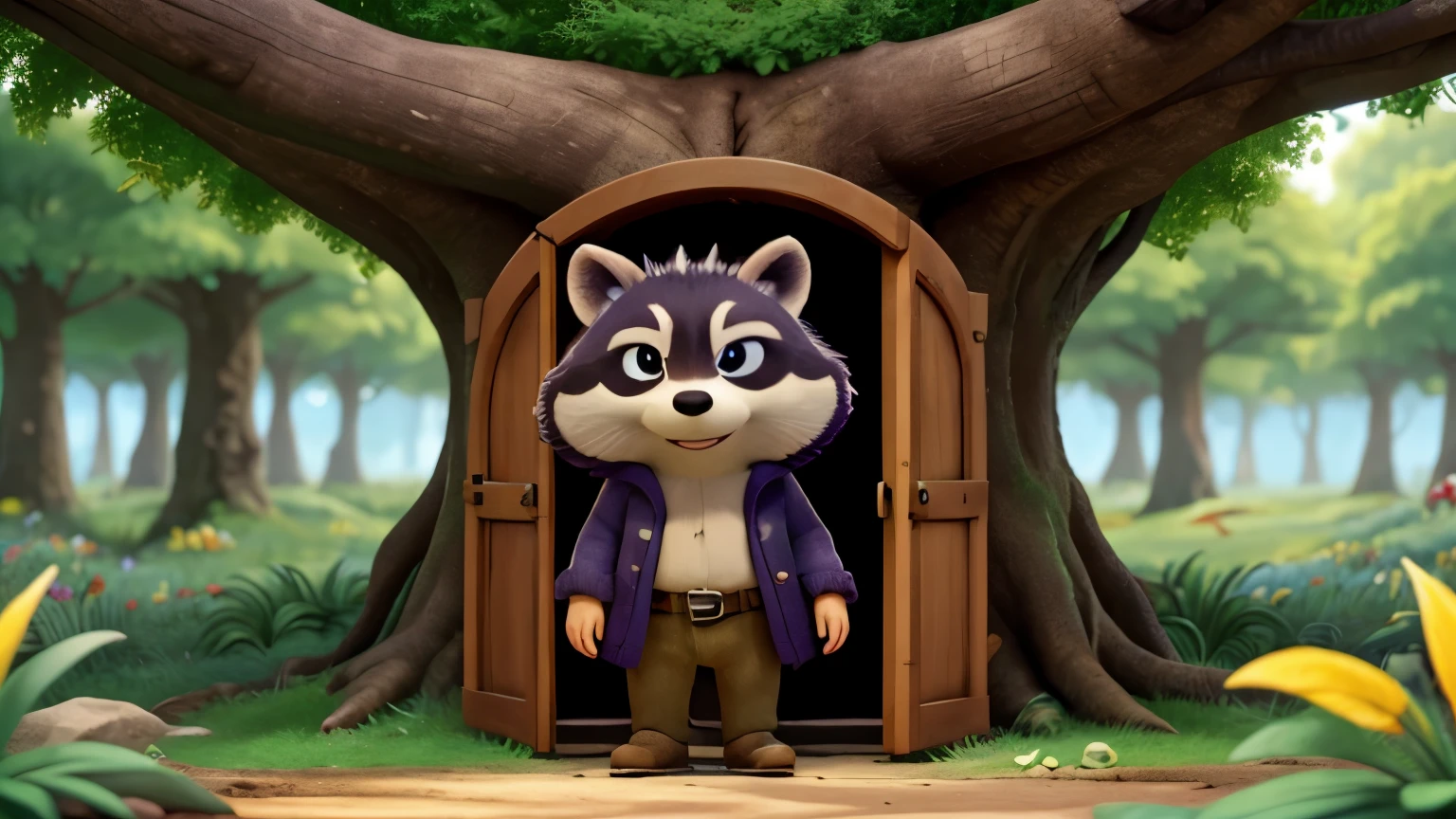"The story tells the journey of a raccoon and a raven with shiny black feathers in a sunny forest, full of bright colors, lots of flowers, stones and lush green vegetation. In the center of this forest, A large tree with a wide trunk and bluish leaves stood tall ., standing out majestically. A magical door of shining golden color, located at the foot of the tree, was mysteriously open, inviting characters to embark on a unique adventure."