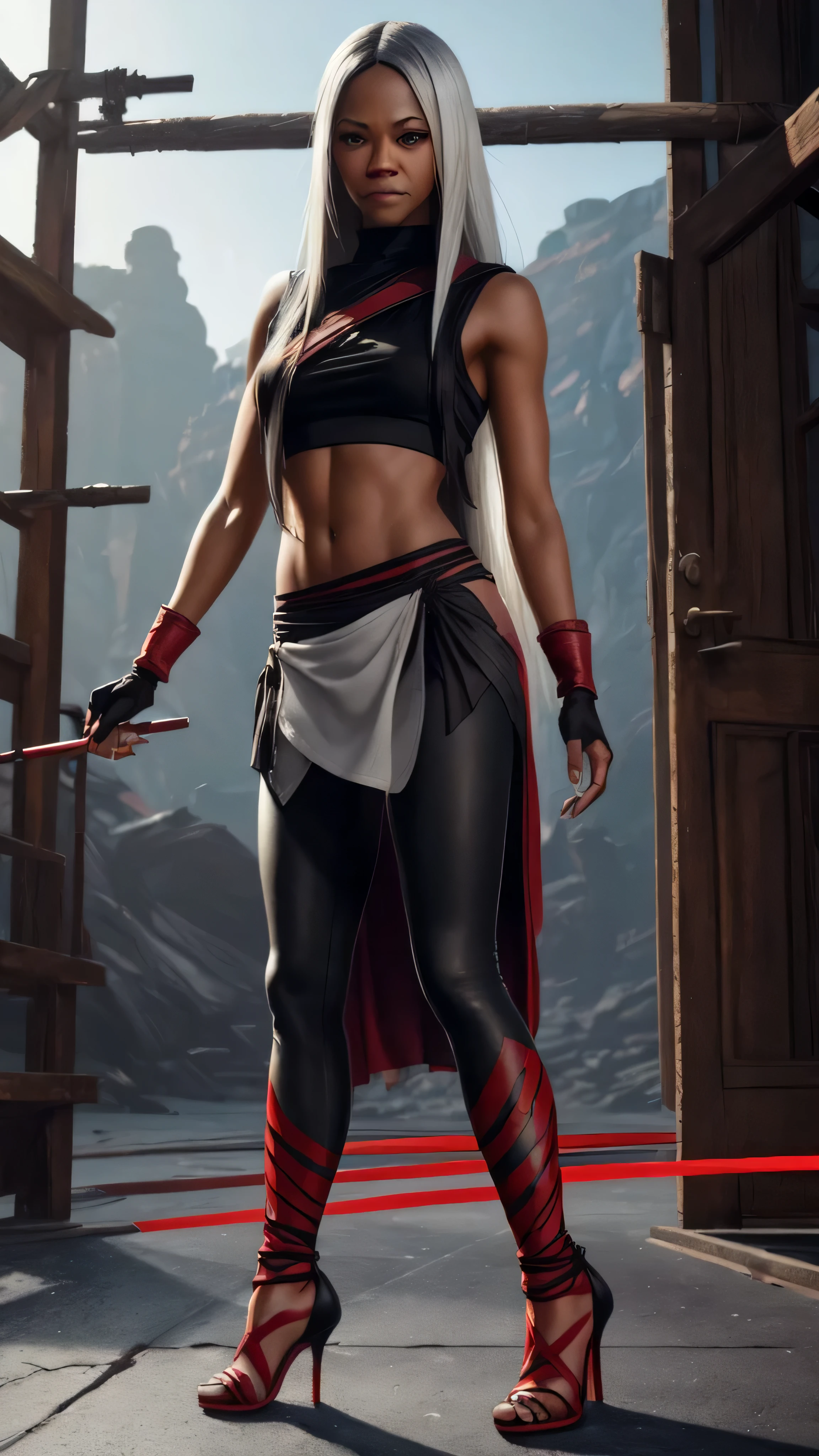 ((Zoe Saldana)) as Jataaka from Mortal Kombat, ((long white hair)), wears ((black loincloth skirt with red lines)), ((black sleeveless fit top with red lines)), ((black fit leggings)), ((high heels)), gloves, accessories, make-up, seductive, sexy, hot, sultry, shapely, intricate, high detail, sharp focus, dramatic, photorealistic painting art by greg rutkowski
