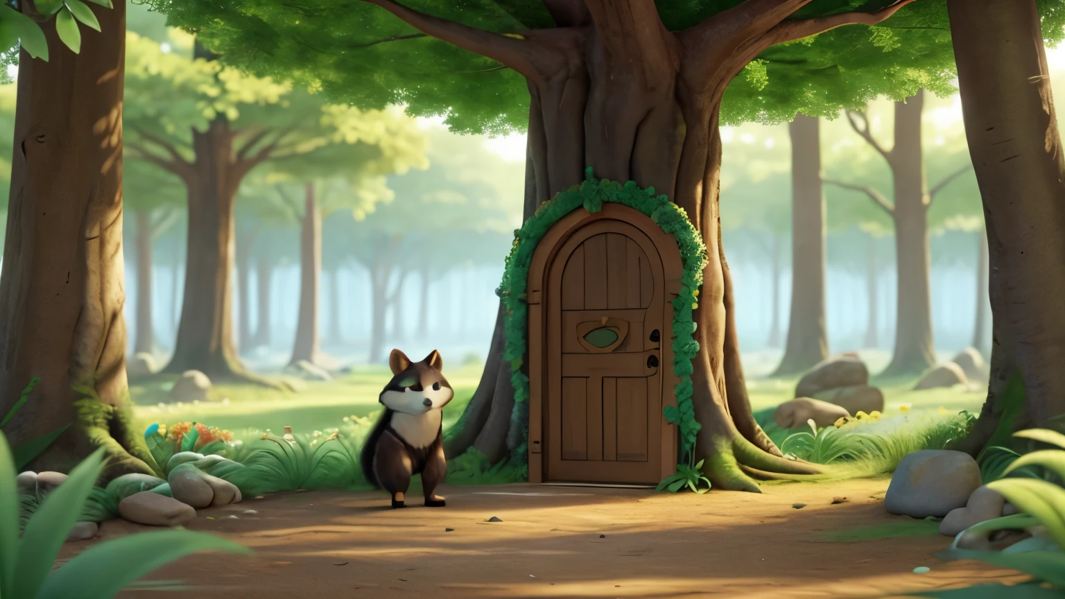 "The story tells the journey of a raccoon and a raven with shiny black feathers in a sunny forest, full of bright colors, lots of flowers, stones and lush green vegetation. In the center of this forest, A large tree with a wide trunk and bluish leaves stood tall ., standing out majestically. A magical door of shining golden color, located at the foot of the tree, was mysteriously open, inviting characters to embark on a unique adventure."