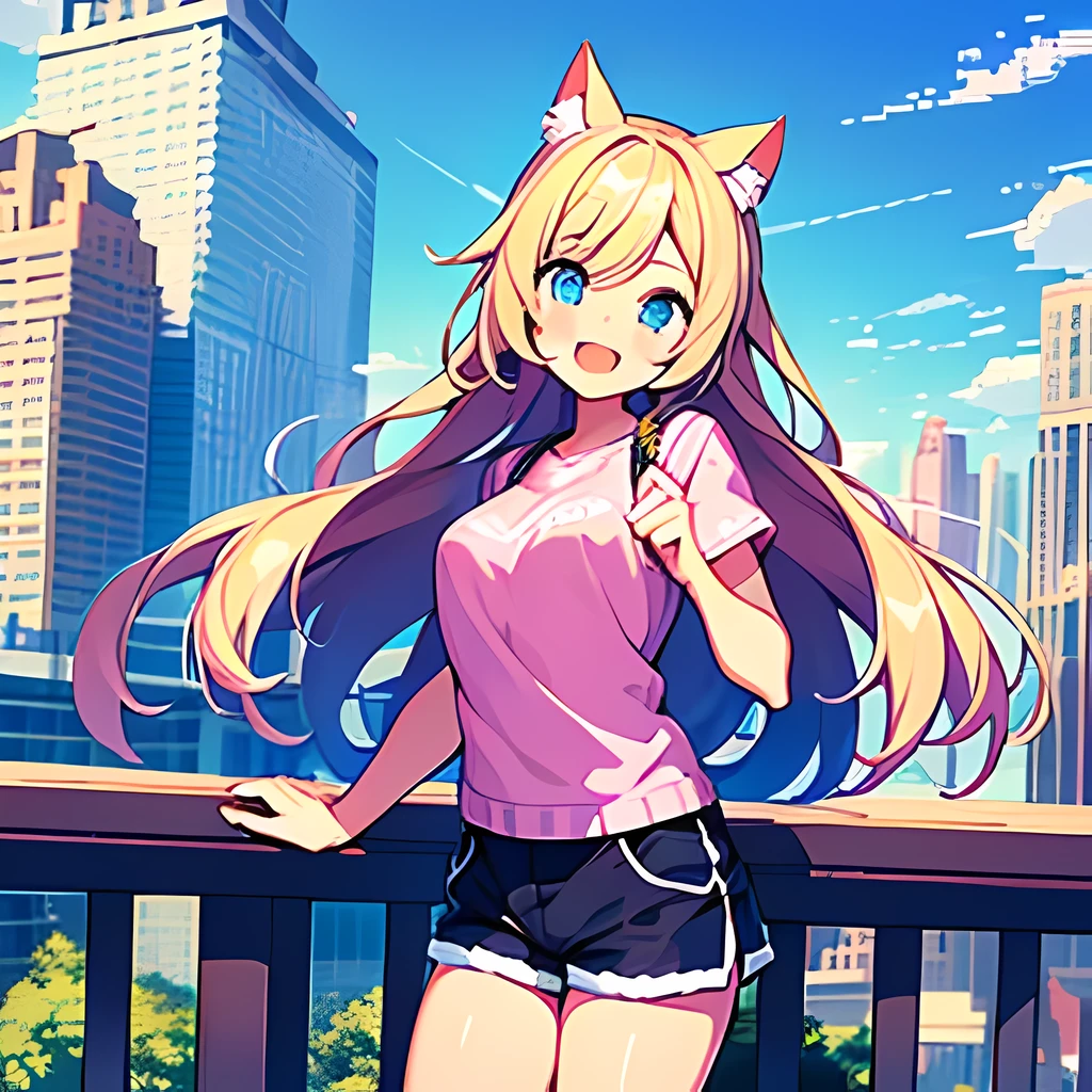 obra de arte, Melhor qualidade, 1 garota, (arte de pixel:1.2) foto de genevilda, orelhas de gato, camisa, shorts, fundo da cidade, Sorriso, boca aberta
