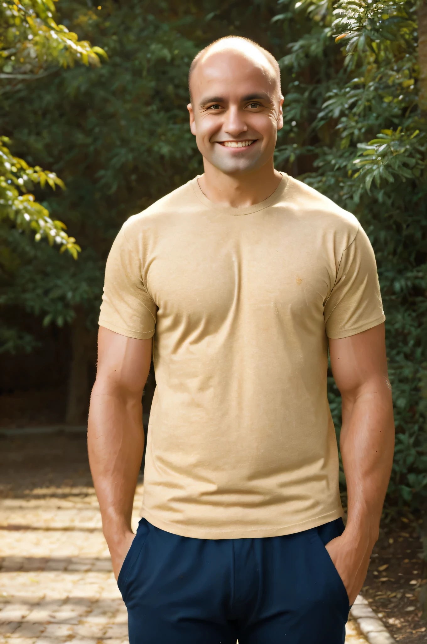 RAW photo, middle photo of a muscular man in his 30s, medium length side cuts brown hair, little hair almost bald, in a casual but well-fitting shirt, standing against a plain background. Confident smile, warm up, soft lighting to emphasize facial and physical features. Color photo, rural environment, 8k HD, (Fujifilm XT3), (Modern style), (warm colors), city street, smile, high resolution, (soft lighting), cinematic lighting, high quality, ultra detailed