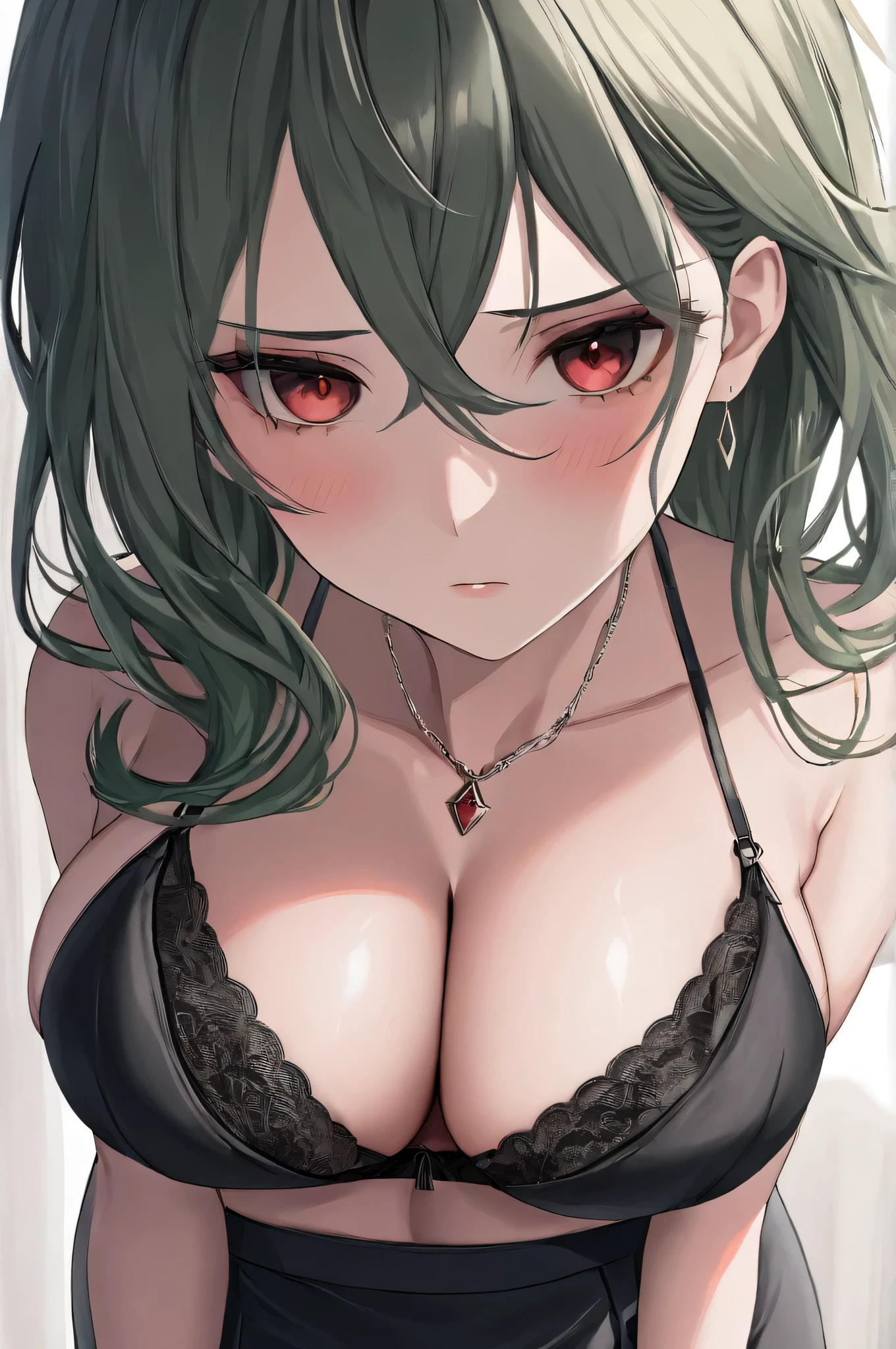 kelolinde,1girl,jewelry,breasts,skirt,solo,shirt,pencil skirt,black skirt,bra,cleavage,pantyhose,necklace,looking at viewer,holding,black bra, green hair, red color eyes, detail face, detail hair, detail eyes,unfriendly face