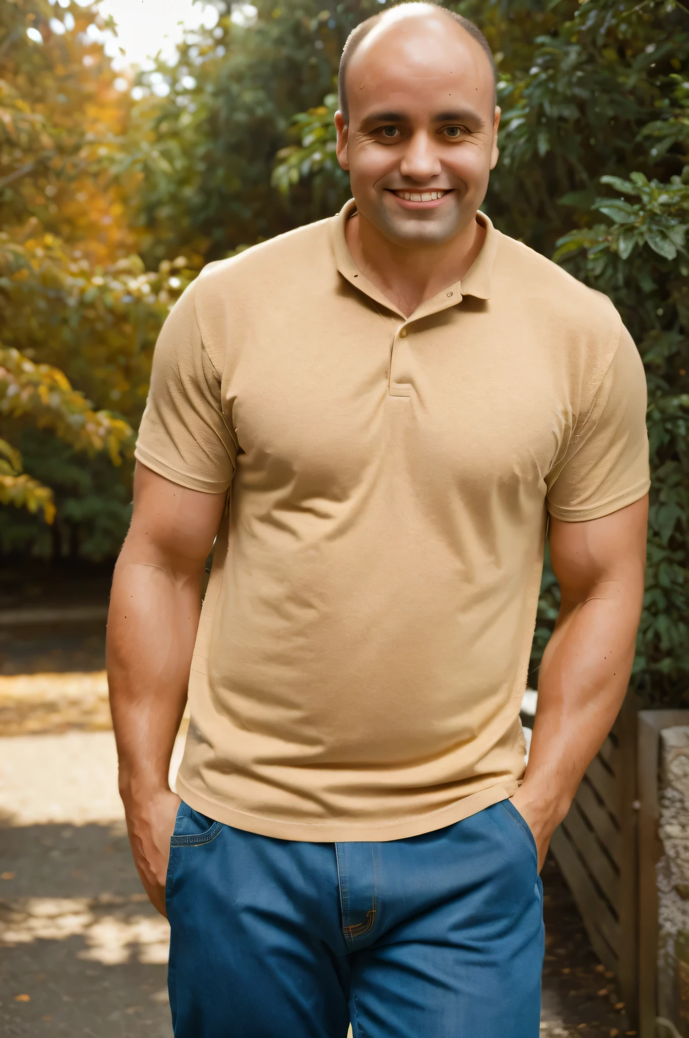RAW photo, middle photo of a muscular man in his 30s, medium length side cuts brown hair, little hair almost bald, in a casual but well-fitting shirt, standing against a plain background. Confident smile, warm up, soft lighting to emphasize facial and physical features. Color photo, rural environment, 8k HD, (Fujifilm XT3), (Modern style), (warm colors), city street, smile, high resolution, (soft lighting), cinematic lighting, high quality, ultra detailed