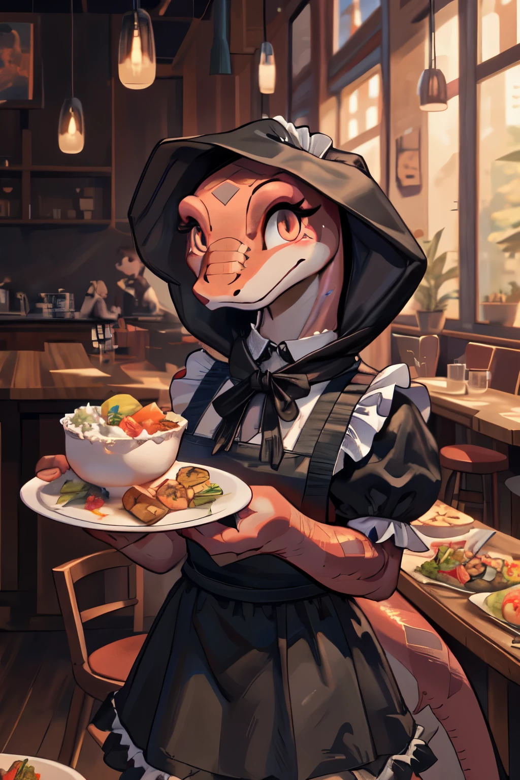 zorayas, female, detailed scales, cute, embarrassed, masterpiece, in a cafe, ((wearing a black maid outfit)), skirt, looking at viewer, happy smile, sfw, snake tail,looking at the viewer,detailed eyes, detailed pupils,one tail,snake hoodie,hood-snake,cobra,hood on,detailed food,