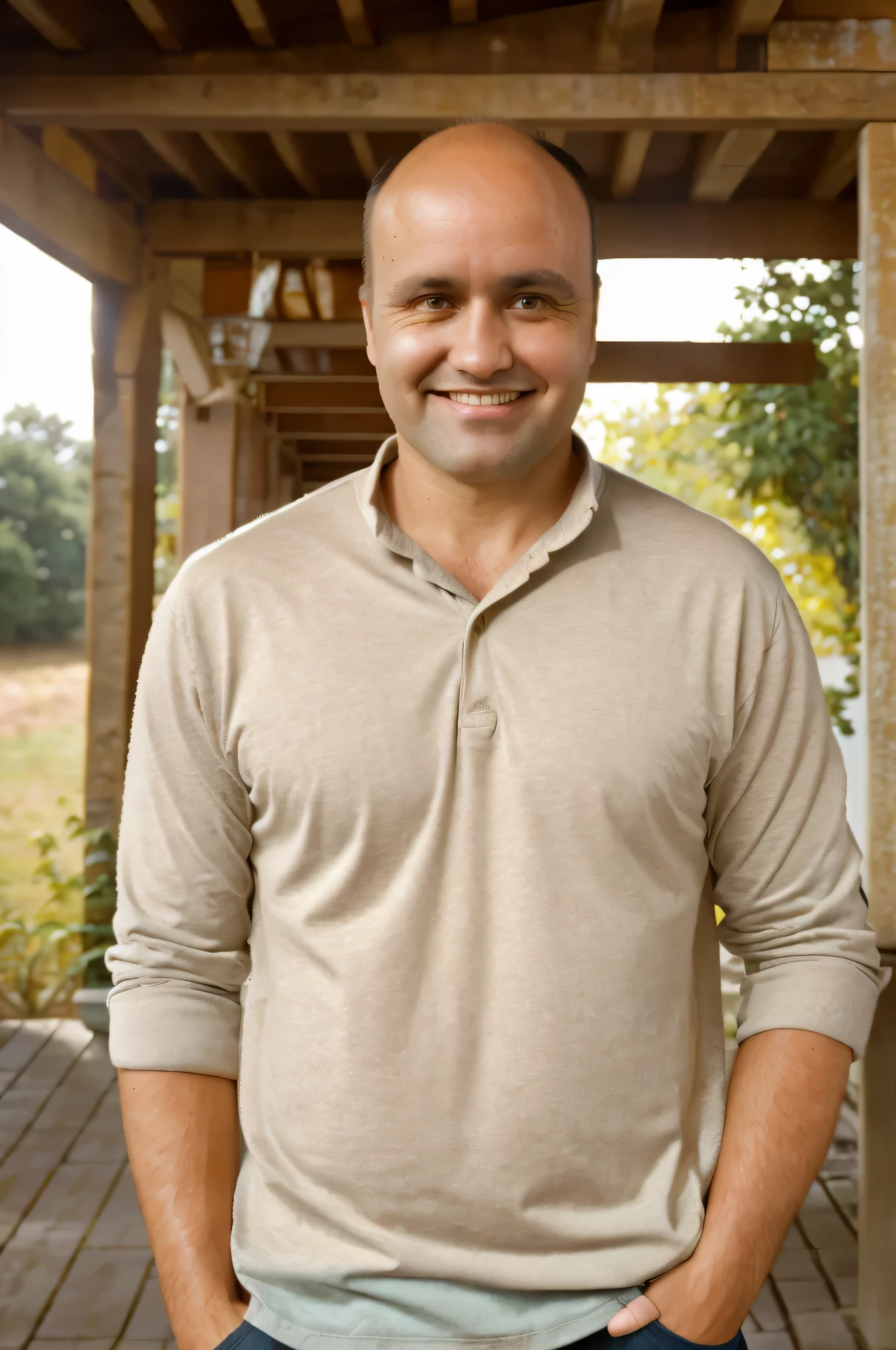 Perfect Photo, a 40 year old man, medium length side cuts brown hair, little hair almost bald, in a casual but well fitted shirt, standing against a plain background. Confident smile, warm up, soft lighting to emphasize facial and physical features. Color photo, rural environment, 8k HD, (Fujifilm XT3), (Modern style), (warm colors), city street, smile, high resolution, (soft lighting), cinematic lighting, high quality, ultra detailed