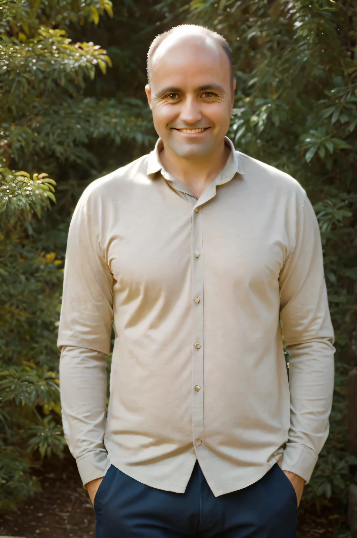 Perfect Photo, a 40 year old man, medium length side cuts brown hair, little hair almost bald, in a casual but well fitted shirt, standing against a plain background. Confident smile, warm up, soft lighting to emphasize facial and physical features. Color photo, rural environment, 8k HD, (Fujifilm XT3), (Modern style), (warm colors), city street, smile, high resolution, (soft lighting), cinematic lighting, high quality, ultra detailed