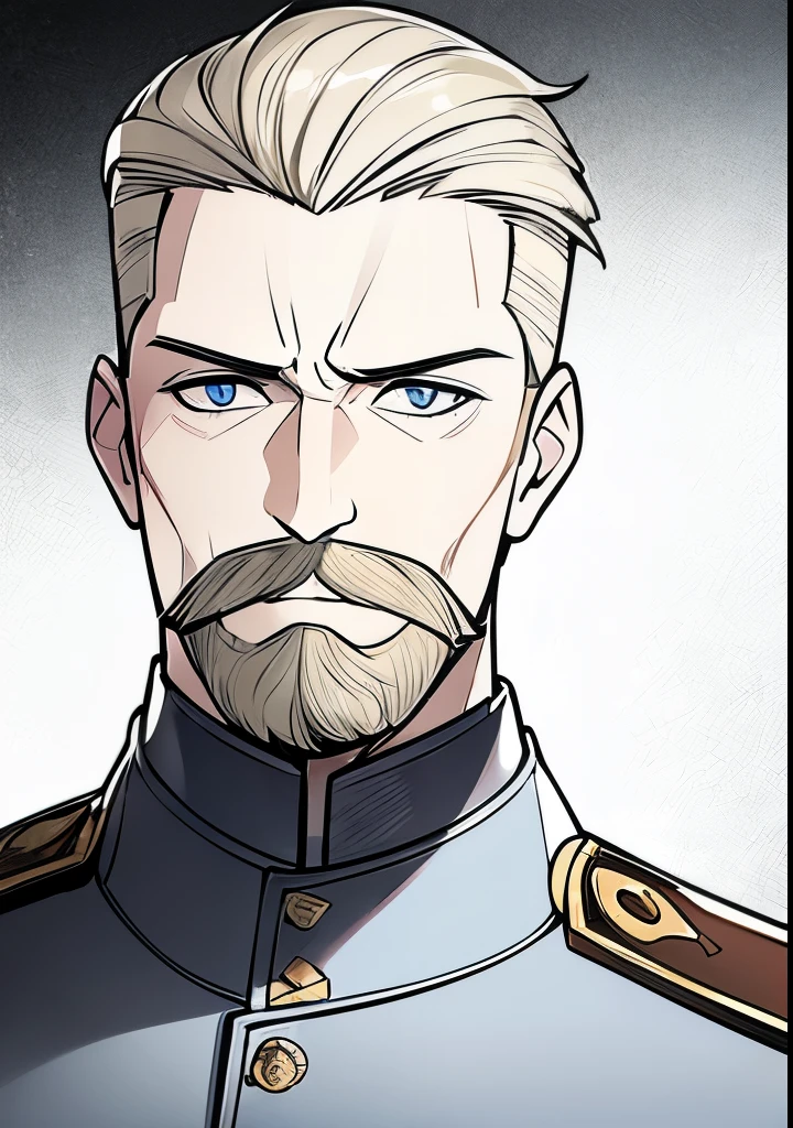 Adult male, white and tender skin, pale blonde slicked back combed short hair, kaisermustache and a ducktail beard, steel blue eyes, green and slightly mature, serious and emotionless facial expression,wearing world war 2 era german fatigues, portrait style, facing forwards