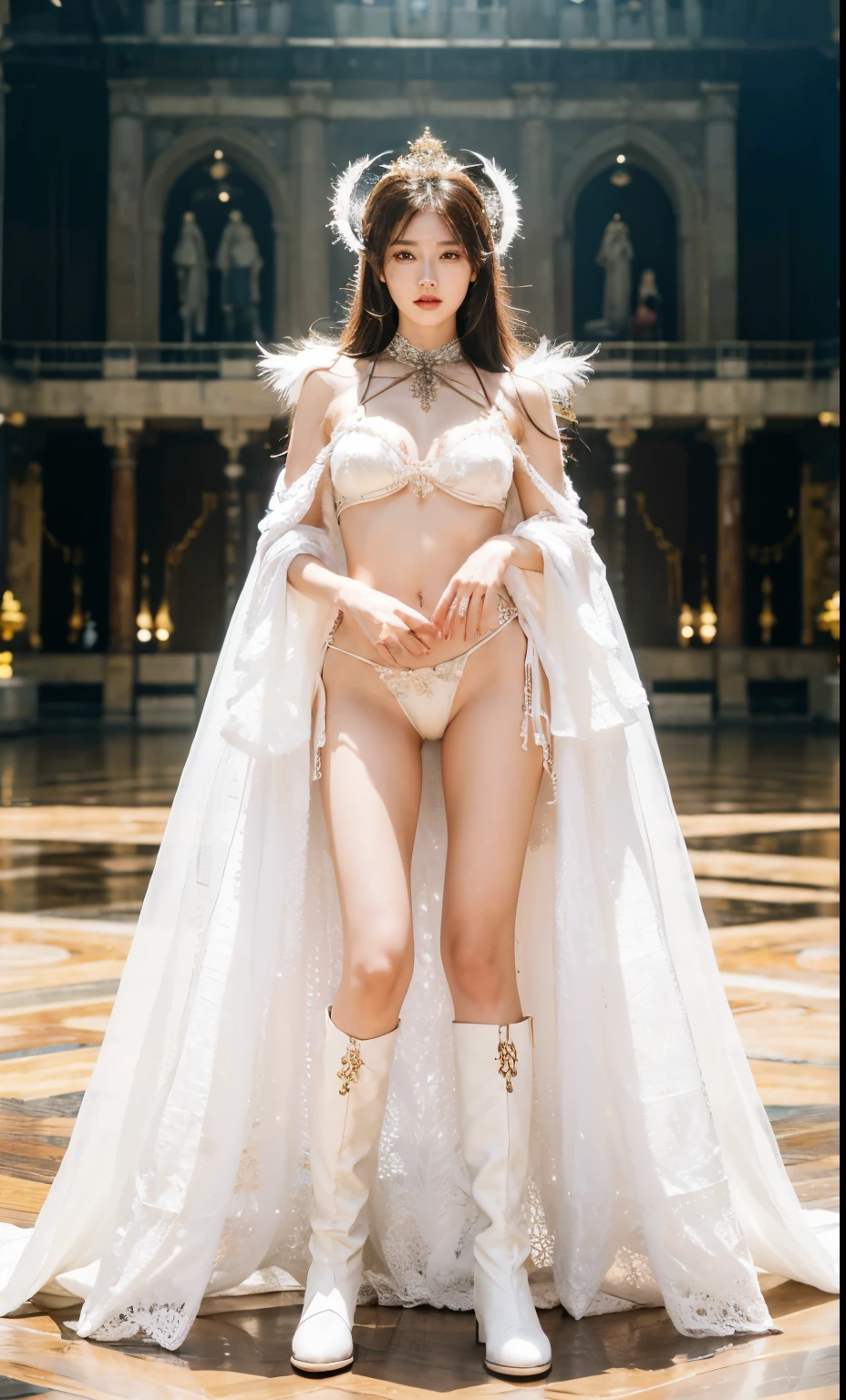 beautiful and delicate woman,The eyes and face are very detailed, exquisite eyes, super detailed, High resolution, The content is very detailed,best quality,EnLightenment,unity,8k wallpaper,masterpiece,best quality,imagine，1 girl，Wear sexy black bikini armor，huge breasts, Armor has golden pattern, Metallic style white priest cloak，priest hat，standing posture，long legs，put on black boots，look at the audience，facing the audience，flowing long hair，Surreal 8000g，Impeccable，masterpiece，professional artwork，famous artwork，Light，movie bloom，perfect face，pretty face，fantasy，Dreamy and magical，not real，intricate details，Exquisite pattern…Korean woman’s face