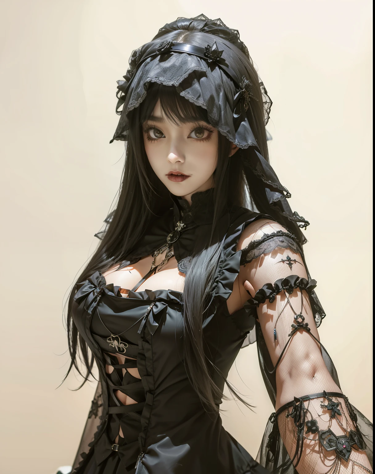 cover one's skin with clothes、official art, heterochromia、right eye red、Zuo Muqing、unity 8k wallpaper, super detailed, beautiful, beautiful, ((new goth gal:1.4)), masterpiece, highest quality, dark, in the atmosphere, Mysterious, romantic, Spooky, literature, art, fashion, victorian, decoration, Complex, ironwork, race, contemplation, depth of emotion, Supernatural, 1 girl, alone, hip