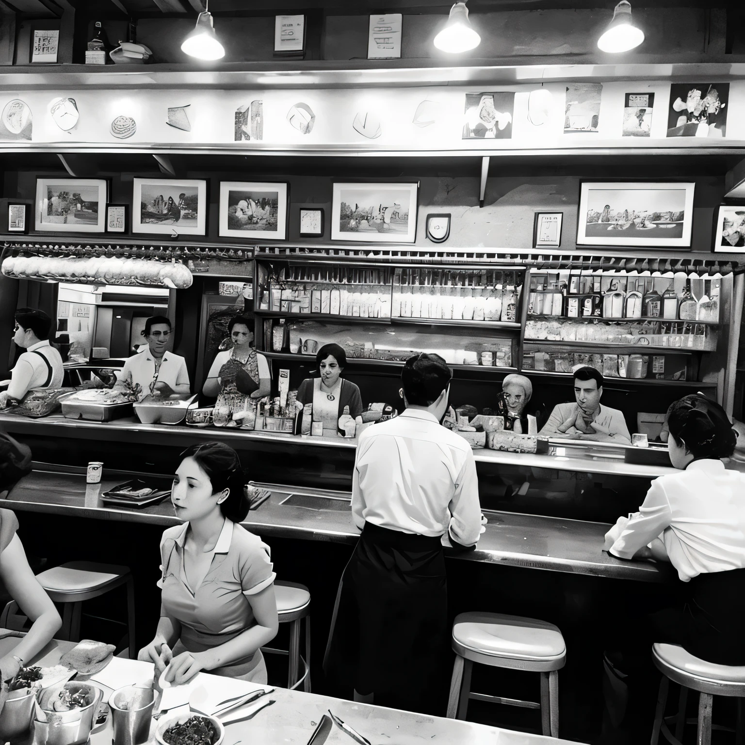a high quality black and white photo of a very busy cantina in rome in the 50's, with several customers and the chef working on.