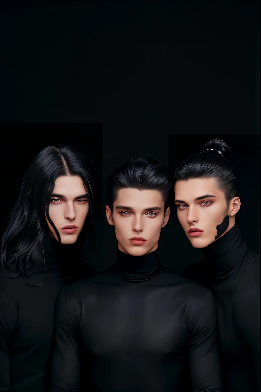 three beautiful young men, 25 years old each, they are wearing a turtleneck and long-sleeved shirt, in black, their faces are close to each other, they are in a fashion and beauty photo shoot, the image is of bust and face, fashion editorial, fashion guys, bust and face, black outfit.