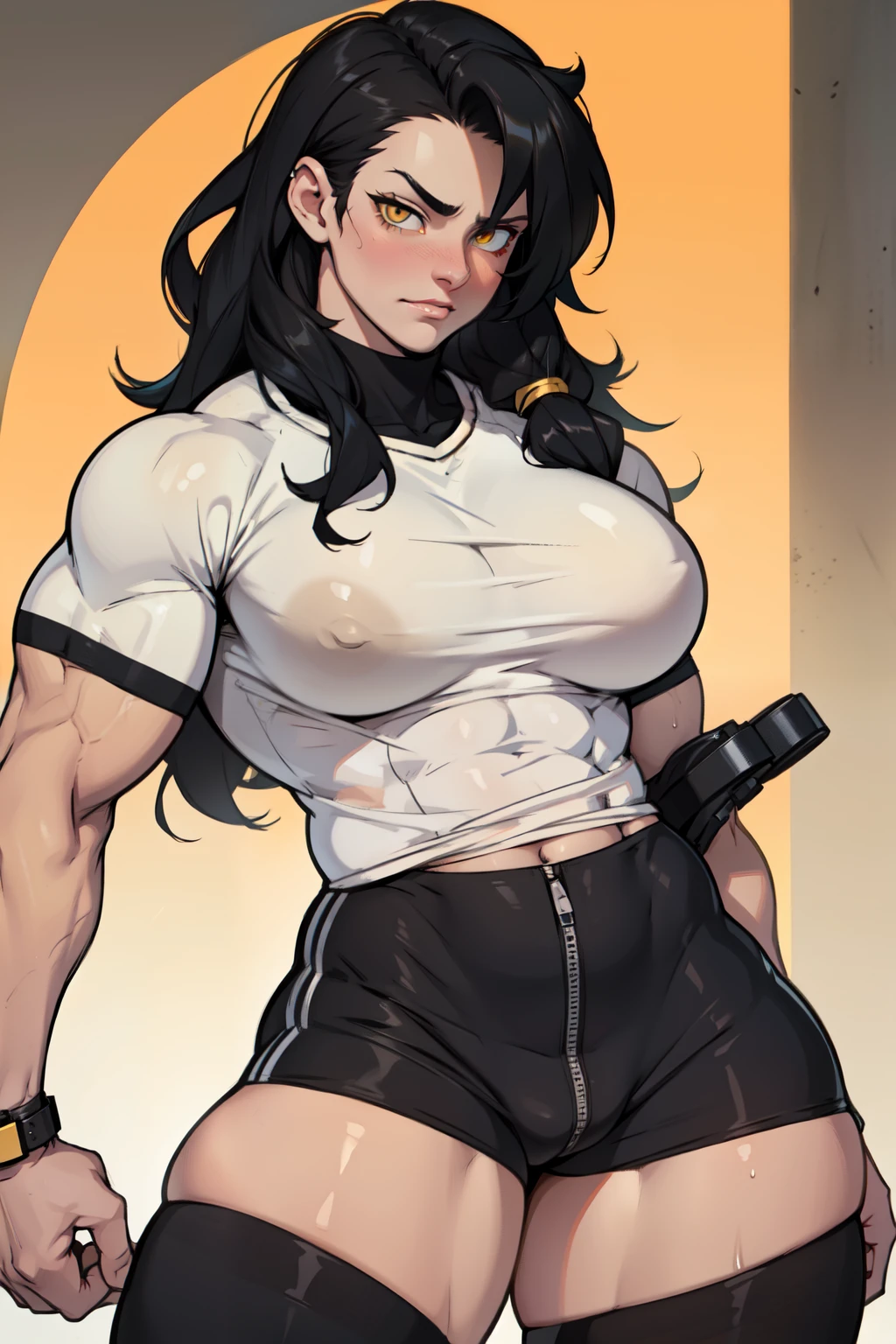 ((1girl)) pale skin large breasts (muscular) toned body thick thighs black hair yellow eyes (long hair) bodybuilder tight shirt blushing (seductive expression)