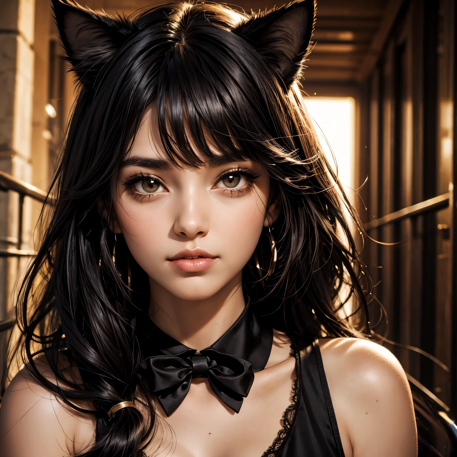 Woman , Black hair, brown eyes, cat ears, cute,
