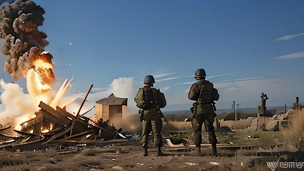 zone de guerre avce des soldats et explosion