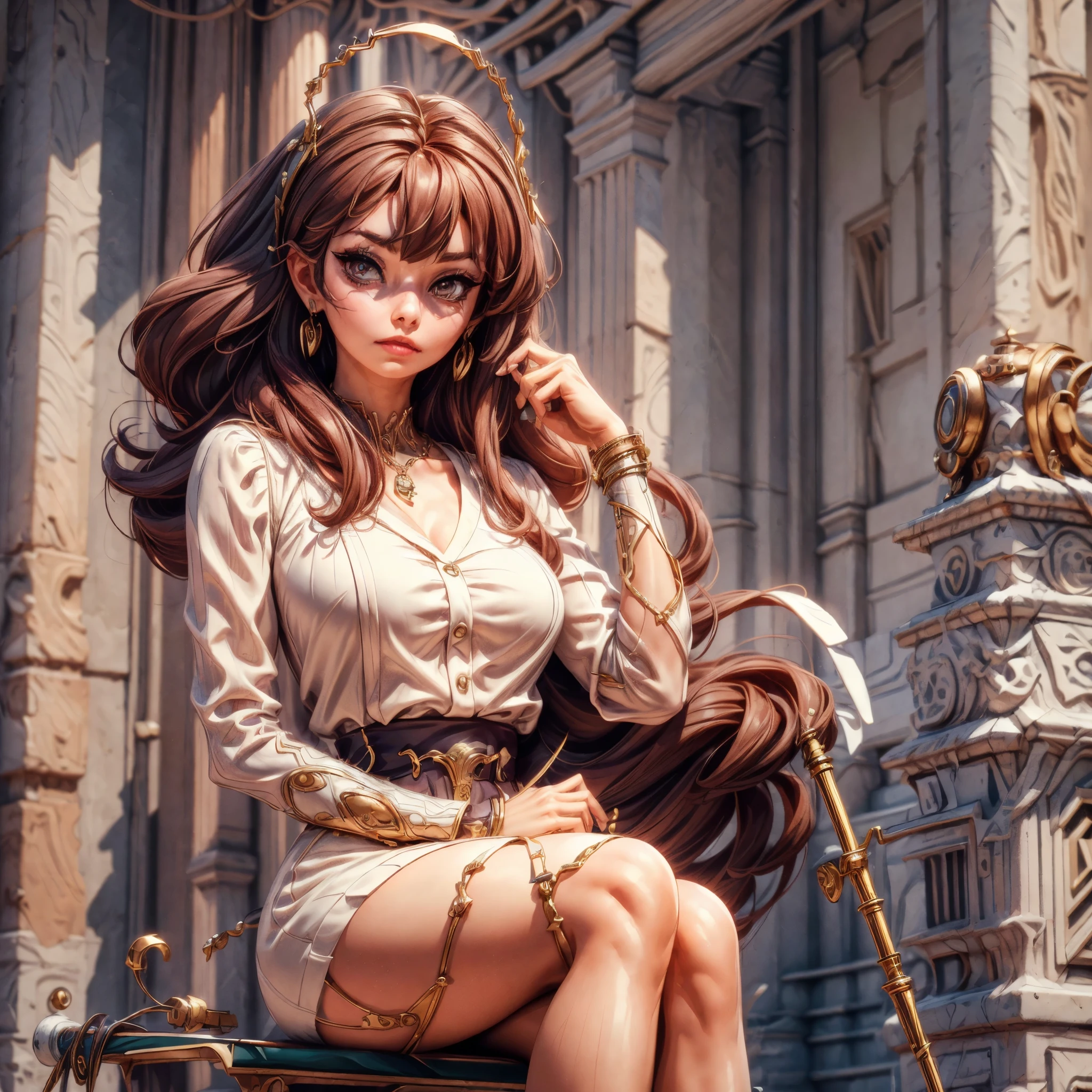 (best quality,4k,8k,highres,masterpiece:1.2),ultra-detailed, Roman goddess Fortuna as a college student, Bind woman using a white cane,  black skirt, white button up top, in front of campus library, collegev  campus, HDR, 8k, absurdres, cinestill 800, sharp focus, add_detail:3 (solo woman)