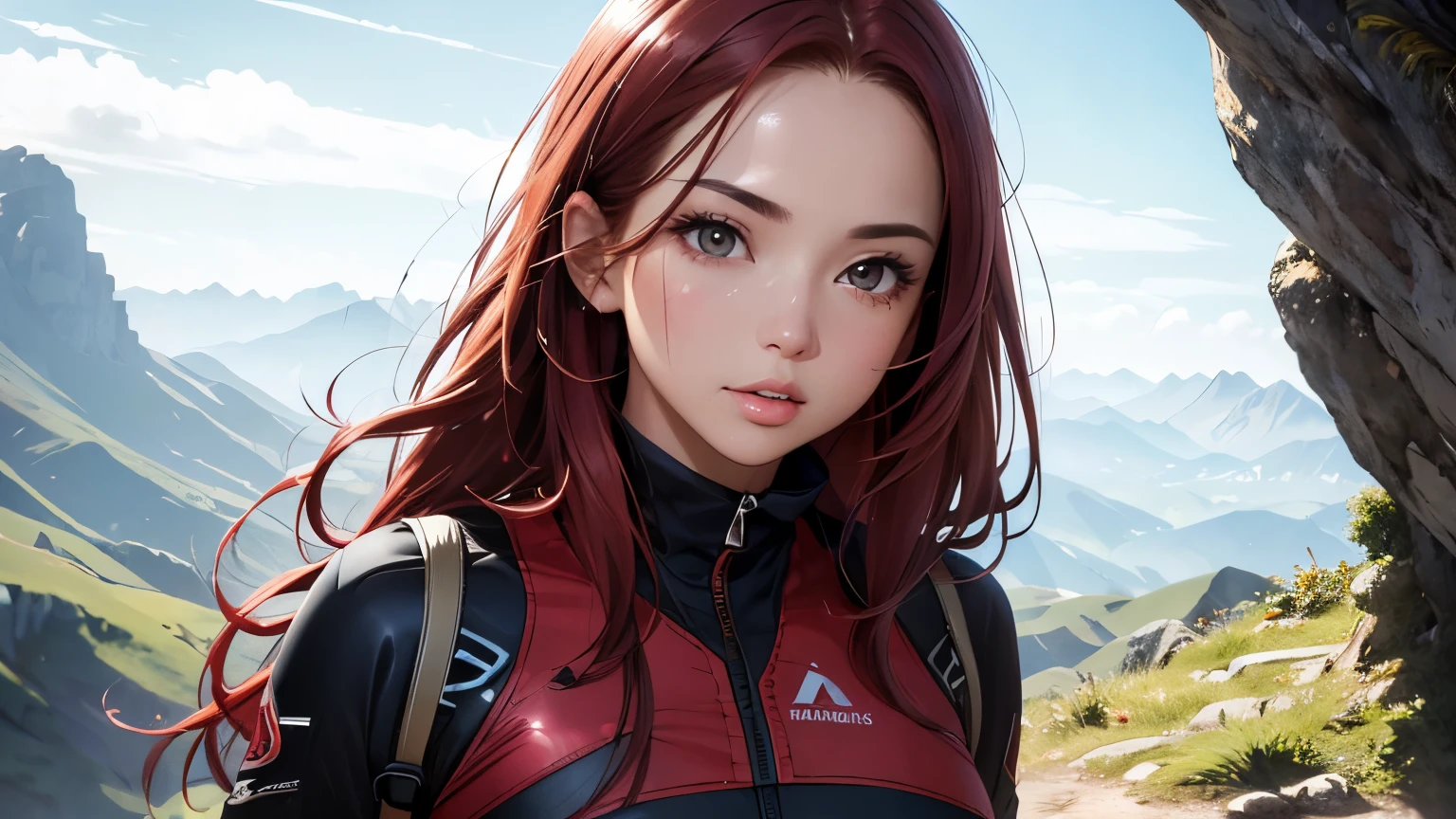 (muste piece:1.3), high resolution, Super detailed, Highly detailed CG unity 8k wallpaper, Reality, photorealistic, Raw photo, beautiful detailed face, detailed cloth texture, detailed hair texture, perfect body, pretty face, anatomically correct, Highly detailed face and skin texture, (fair skin, glossy skin:1.2), detailed eyes, symmetrical eyes,double eyelids, thin eyebrows, (glossy lips:1.4), (red-haired woman climbing:1.0)、(Mountains in the background)Wearing mountaineering clothes