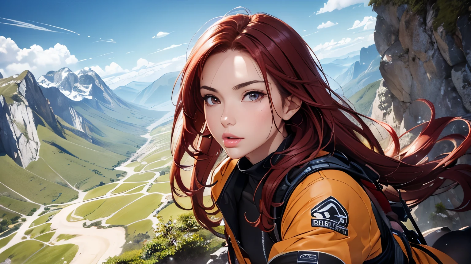 (muste piece:1.3), high resolution, Super detailed, Highly detailed CG unity 8k wallpaper, Reality, photorealistic, Raw photo, beautiful detailed face, detailed cloth texture, detailed hair texture, perfect body, pretty face, anatomically correct, Highly detailed face and skin texture, (fair skin, glossy skin:1.2), detailed eyes, symmetrical eyes,double eyelids, thin eyebrows, (glossy lips:1.4), (red-haired woman climbing:1.0)、(Mountains in the background)Wearing mountaineering clothes