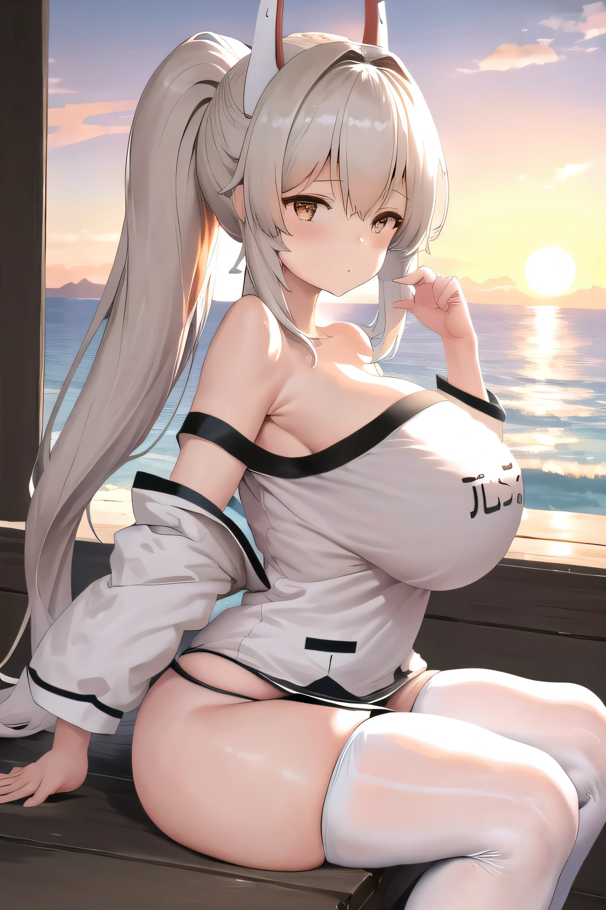 masterpiece, best quality, highres, 1girl ponytail, bikini top, white thighhighs sitting, huge breasts, large breasts, outside, island background, sunset