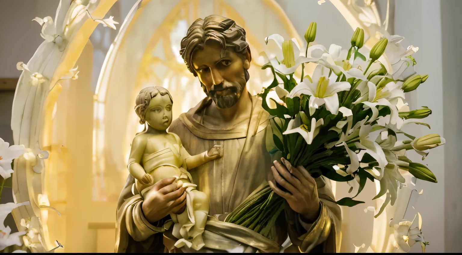 A stunning hyper-realistic photograph of the carpenter São José, looking at the camera. He is portrayed with an air of serenity, tenderly holding the Baby Jesus in one arm and in the other hand a magnificent bouquet of white lilies. The image is meticulously crafted, with exquisite detail in Saint Joseph's carpenter's clothing and a sense of depth that makes it seem almost real. The background is a carpentry shop, where Saint Joseph worked as a carpenter, with a subtle glow emanating from the scene, accentuating the beauty of the statue., photo, cinematographic