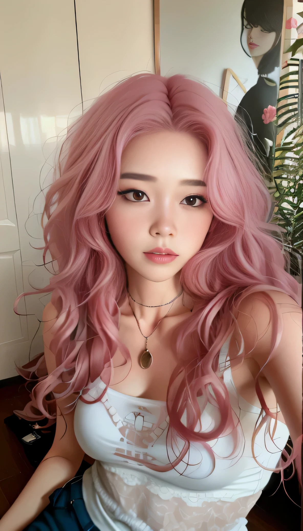 un primer plano de una mujer con cabello rosado y una camiseta blanca, curly cabello rosado, cabello rosado fluido, long cabello rosado fluido, light cabello rosado, cabello rosado y ralo, with cabello rosado, long cabello rosado, cabello rosado largo y claro, tono de piel rosa pastel, cabello rosado, pelo muy largo rosa claro pastel, ulzzang, huge curly cabello rosado