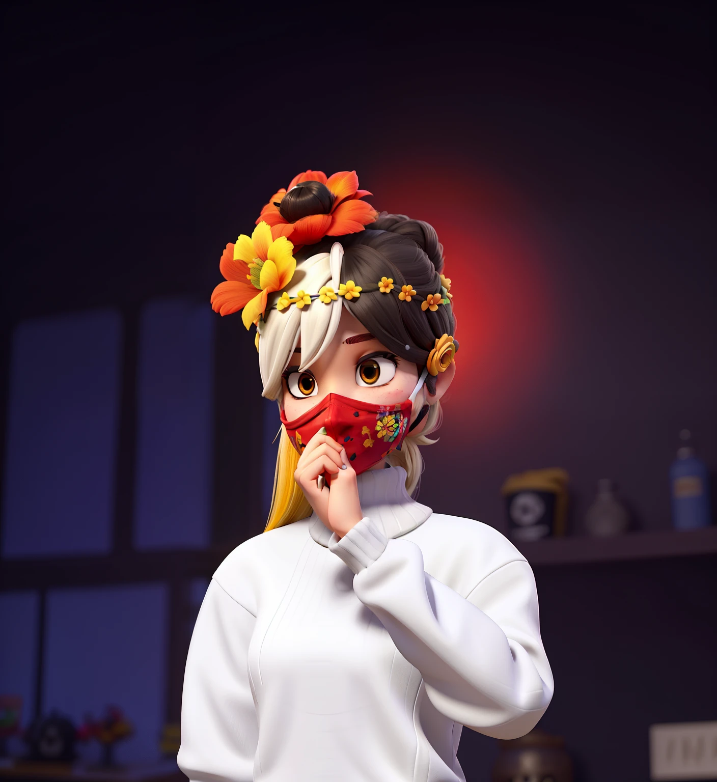 Personagem feminino de jogo Free fire,de cabelos longos branco, red face mask with a yellow flower,a black skull mask on top of the head dressed in a white turtleneck blouse