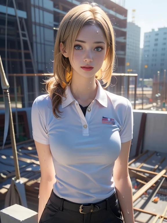 (best quality, 8k, highres, photorealistic:2.0), (solo, one girl:2.0),(lighting: front),(lighting: strong),(ultimate beautiful girl:2.0),(shiny skin),(oily skin),(blonde hair:1.5),(long hair woman:1.5),(american beauty:2.0),Blush brown makeup , dark eye makeup , use pink glossy lipstick,(big beady eyes girl:1.5),(thin girl:1.5),(),(sex appeal:1.7),(sweet smelling girl),(Photographed at a civil engineering construction site:1.8),(Wearing cargo pants:1.5),(Wearing a polo shirt:1.5),(she works for low wages:1.5),(she has a nice smile),(she is very sociable),(from a very poor family:1.5),(virgin girl),(She is a secret pervert.),(she covertly lewd),(she looks so erotic),(Preserve virginity for devout Christians),(sweating from exercise:1.3),chuuChloe,