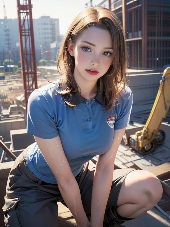 (best quality, 8k, highres, photorealistic:2.0), (solo, one girl:2.0),(lighting: front),(lighting: strong),(ultimate beautiful girl:2.0),(shiny skin),(oily skin),(blonde hair:1.5),(long hair woman:1.5),(american beauty:2.0),Blush brown makeup , dark eye makeup , use pink glossy lipstick,(big beady eyes girl:1.5),(thin girl:1.5),(baby face girl),(sex appeal:1.7),(sweet smelling girl),(Photographed at a civil engineering construction site:1.8),(Wearing cargo pants:1.5),(Wearing a polo shirt:1.5),(she works for low wages:1.5),(she has a nice smile),(she is very sociable),(from a very poor family:1.5),(virgin girl),(She is a secret pervert.),(she covertly lewd),(she looks so erotic),(Preserve virginity for devout Christians),(sweating from exercise:1.3),chuuChloe,