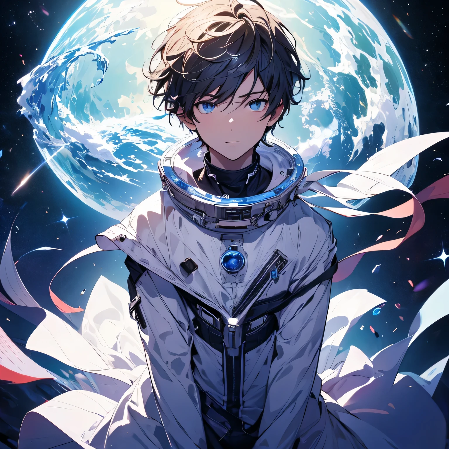 A boy in space with beautiful stars