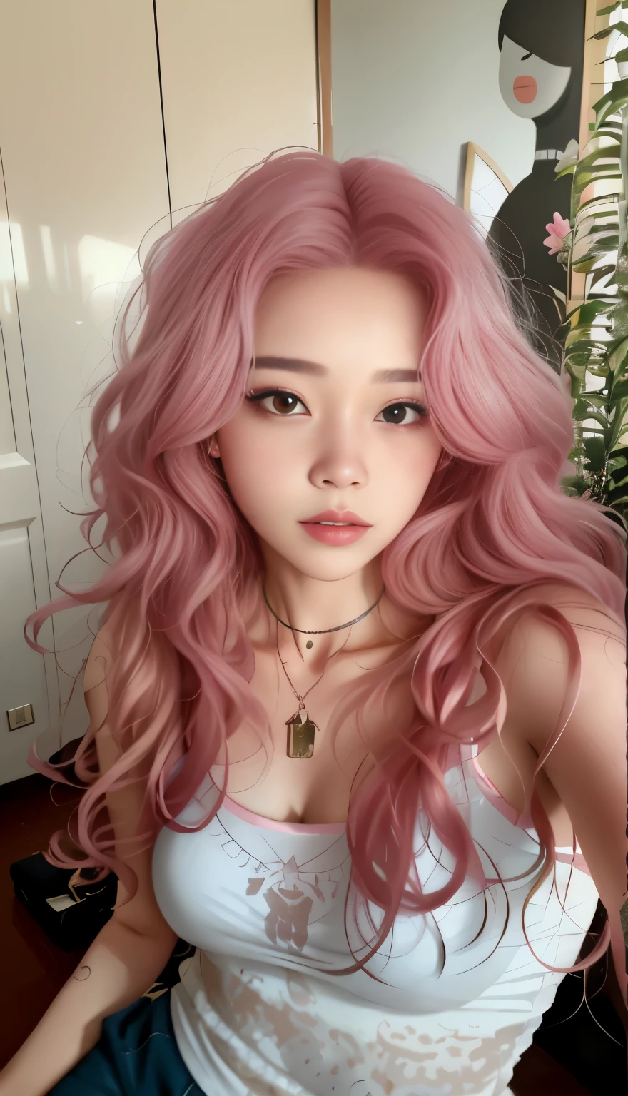 a close up of a woman with cabello rosado and a white tank top, curly cabello rosado, flowing cabello rosado, long flowing cabello rosado, light cabello rosado, cabello rosado y ralo, with cabello rosado, long cabello rosado, long light cabello rosado, tono de piel rosa pastel, cabello rosado, pelo muy largo rosa claro pastel, ulzzang, huge curly cabello rosado