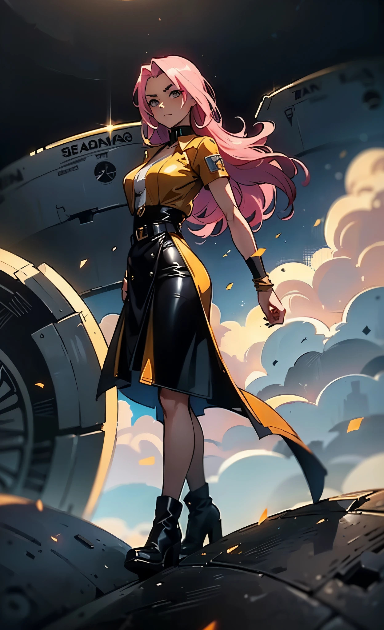 (A beautiful young girl with long curly pink hair, slender eyebrows, sparkling eyes, a bewildered expression, an oval-shapedl face with pale skin, a knee-length form-fitting leather trench coat with very short sleeves, she adorns both hands with metallic wrist guards in a sci-fi ancient civilization style, her long legs are clad in leather boots as she soars through the misty clouds), this character embodies a finely crafted fantasy-realism style western ranger in anime style, exquisite and mature manga art style, porcelain skin, perfect skin, perfect eyes, high definition, best quality, highres, ultra-detailed, ultra-fine painting, extremely delicate, professional, anatomically correct, symmetrical face, extremely detailed eyes and face, high quality eyes, creativity, RAW photo, UHD, 32k, Natural light, cinematic lighting, masterpiece-anatomy-perfect, masterpiece:1.5