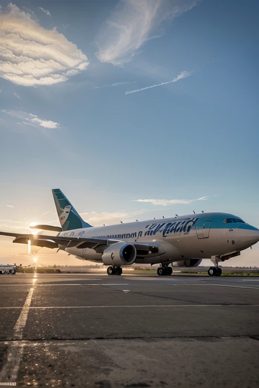 A plane on the ground stopped, em um aeroporto no Brasil, parecido com boeing, ao fundo um por do sol com nuvens, real, foto, ultra detalhado, 8k