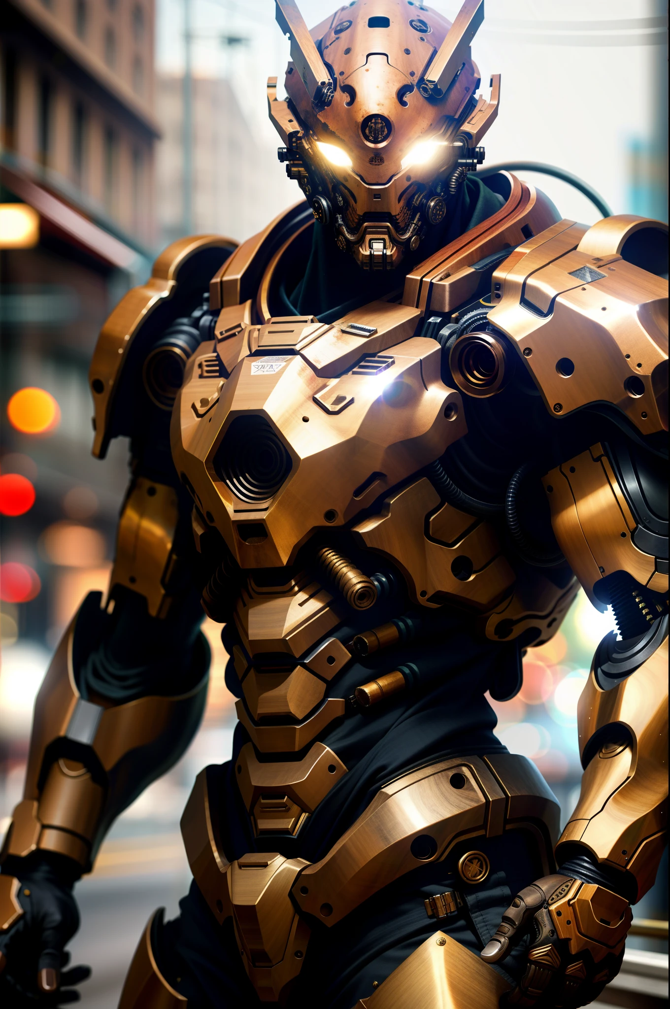 Foto de retrato de um macho alfa, olhos perfeitos, em um traje mecha desgastado, ((bokeh claro)), intrincado, (steel metal [ferrugem]), elegante, sharp focus, foto de greg rutkowski, soft lighting, cores vibrantes, obra-prima , ((ruas)), tiro de cowboy, dynamic pose,