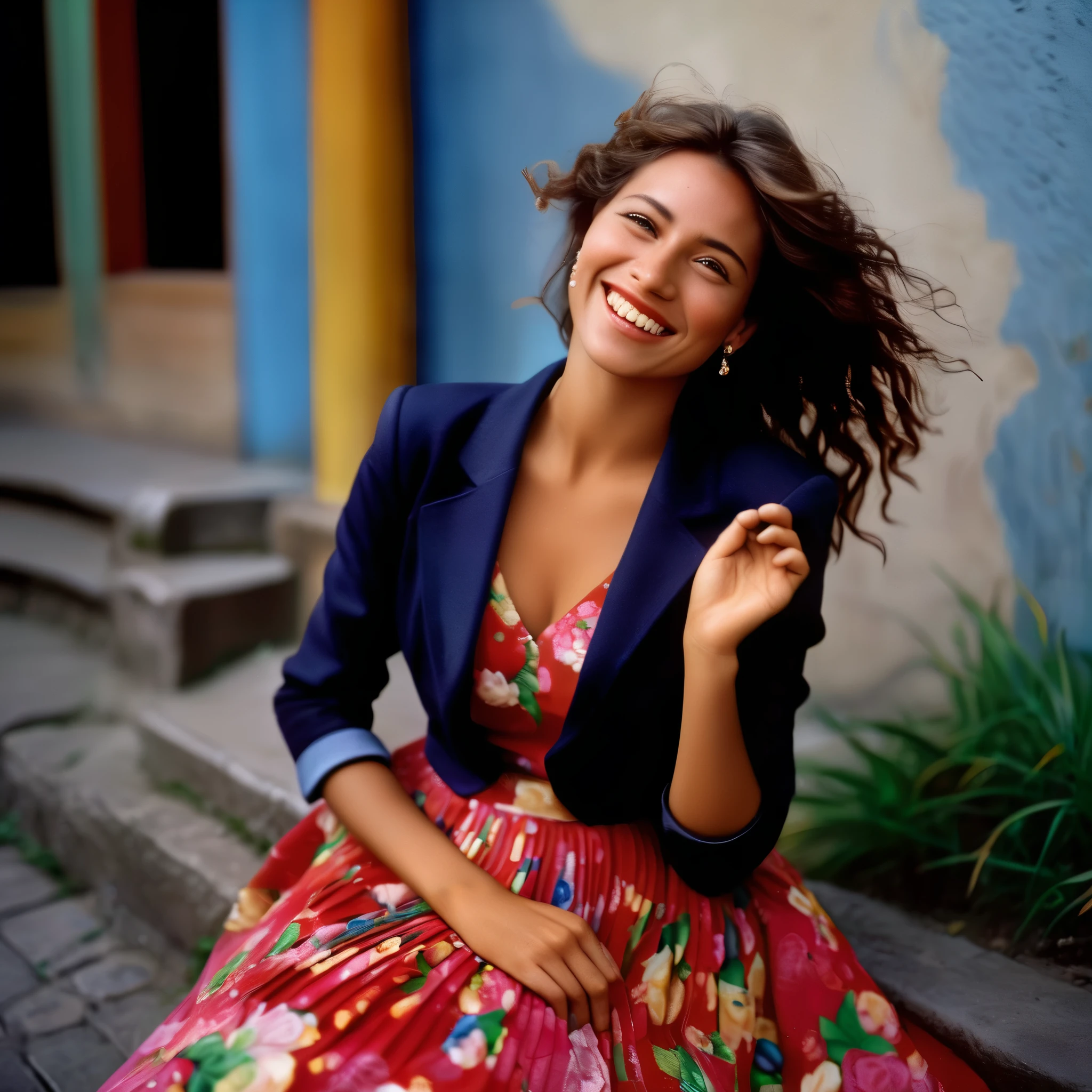 A smiling, authentic, (shy:1,3), kind, beautiful woman, is passionately in love with her skirt, sitting down on the ground while wind lifts her skirt, wearing short blazer and very, very detailed (long (fully pleated) full circle skirt) and (low heeled court shoes), very, very intricate hyper-detailed symmetric (attractive graceful young feminine face) with (sad, tired eyes and a loving smile), very voluptuous breasts, full of empathy and compassion and love, (pronounced (feminine) features), (highly detailed ultra accurate realistic) hands and fingers, (windy), epic composition, highly detailed attributes, (35mm f1.4 Kodak portra 400 photograph), extremely high quality RAW photograph, highly detailed atmosphere, sci-fi, cinematic shot, dynamic lighting, 75mm, Technicolor, Panavision, cinemascope, sharp focus, fine details, 8k, HDR, realism, realistic, key visual, film still, superb cinematic color grading, depth of field