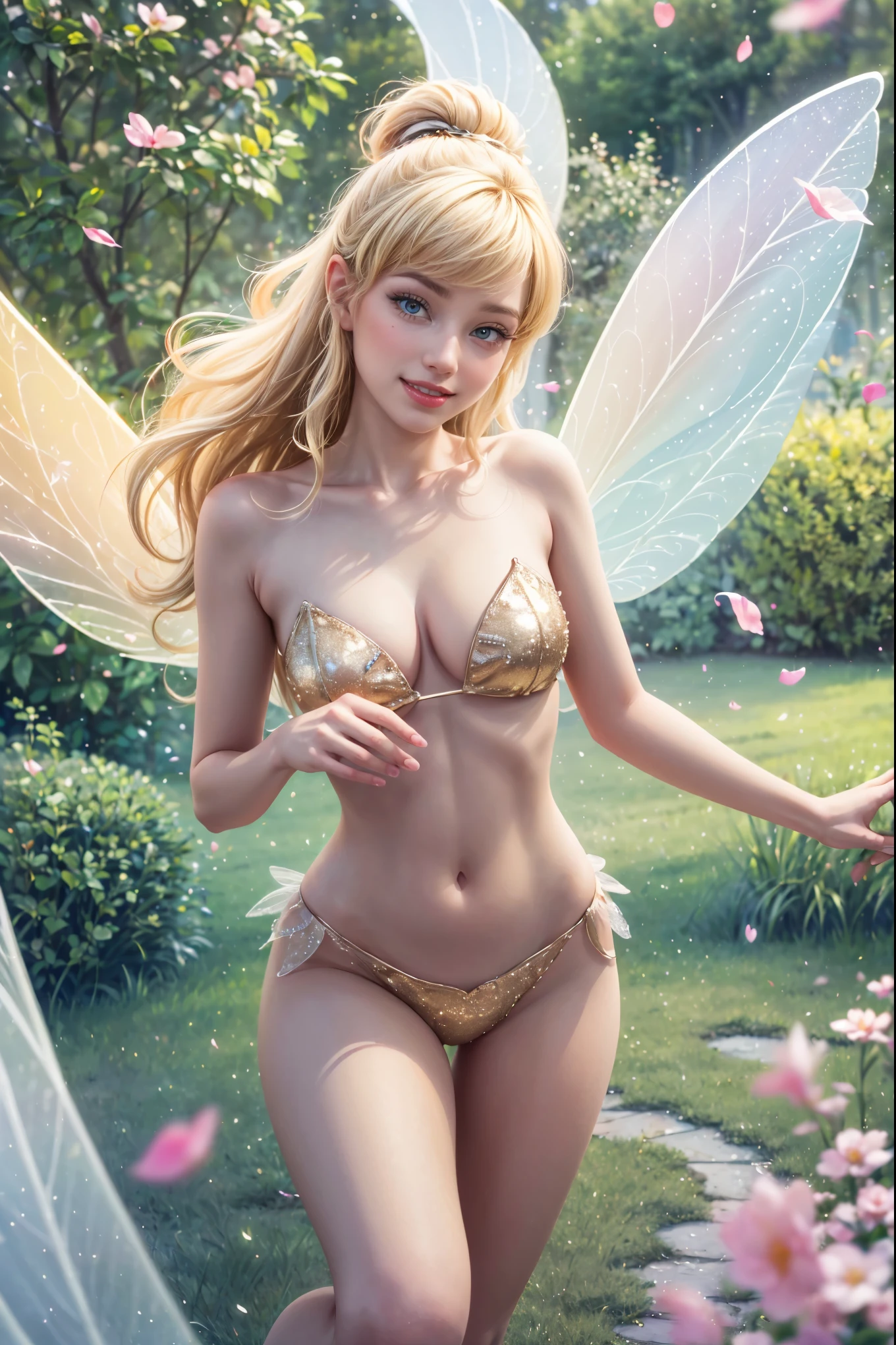 (best quality,4k,8k,highres,masterpiece:1.2),ultra-detailed,(realistic,photorealistic,photo-realistic:1.37),sexy tinkerbell,illustration,sparkling wings,enticing smile,playful eyes,long blonde hair,fairy tale,enchanted garden,floating petals,magical colors,golden dust,surreal atmosphere,soft glow,pastel tones,mystical fairy dust