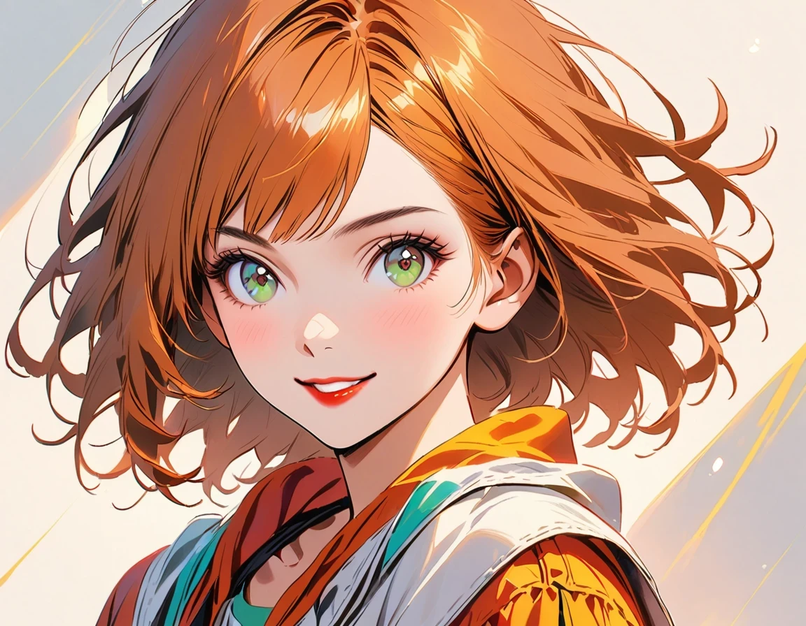Portrait of a beautiful teenager, small breasts, complicated clothes, gentle smile, red lips, ginger hair, green eyes, realism, number, concept art, Smooth, sharp focus, rule of thirds, Style-Psycho