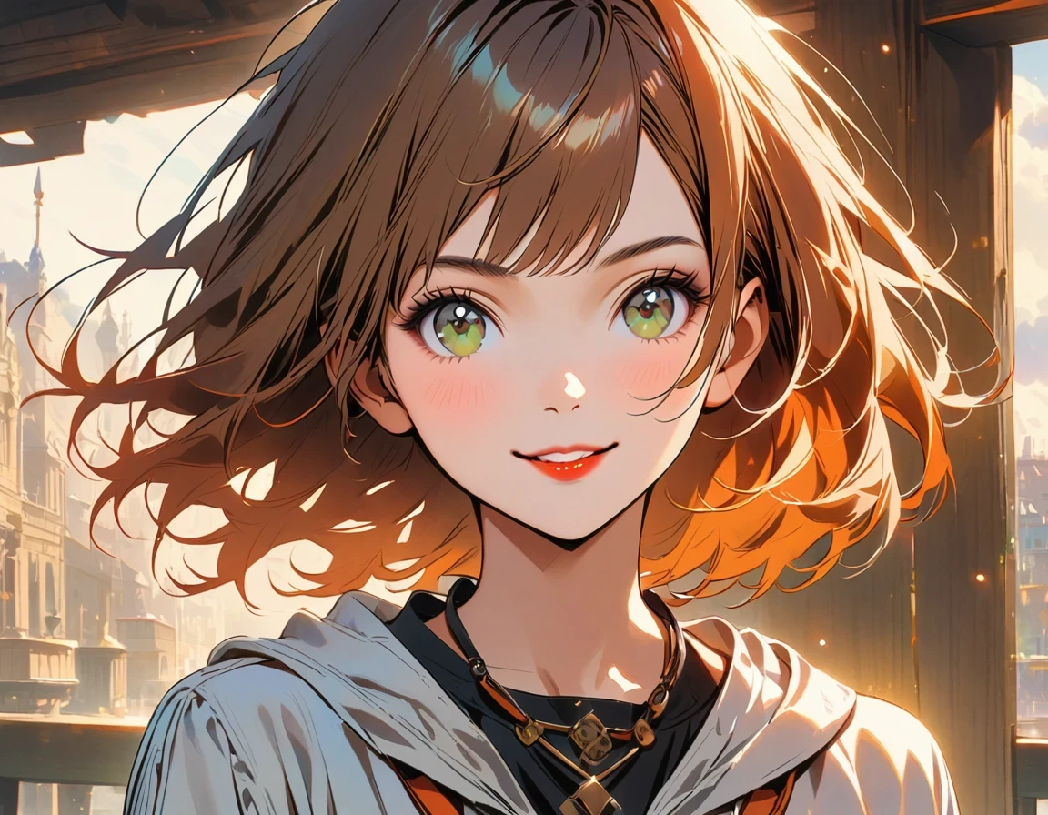 Portrait of a beautiful teenager, small breasts, complicated clothes, gentle smile, red lips, ginger hair, green eyes, realism, number, concept art, Smooth, sharp focus, rule of thirds, Style-Psycho