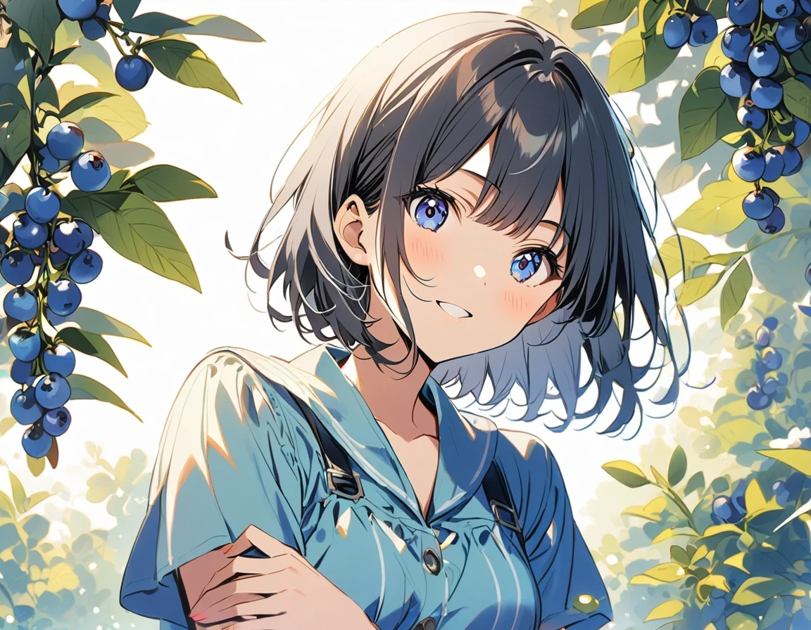1 girl, ((blueberry,fruit)),White background, black hair,