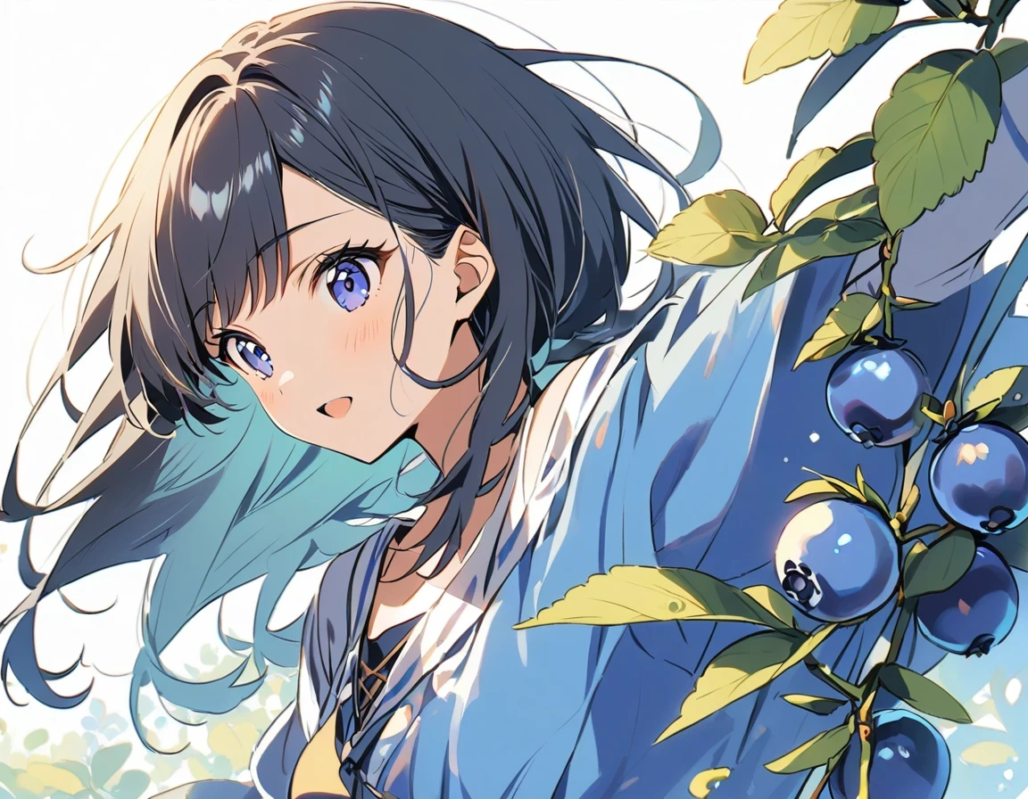 1 girl, ((blueberry,fruit)),White background, black hair,
