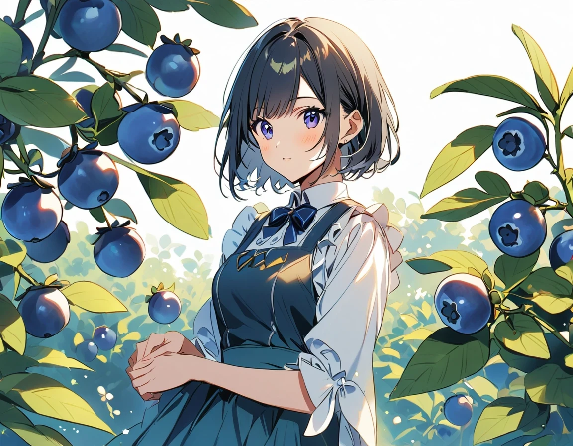 1 girl, ((blueberry,fruit)),White background, black hair,