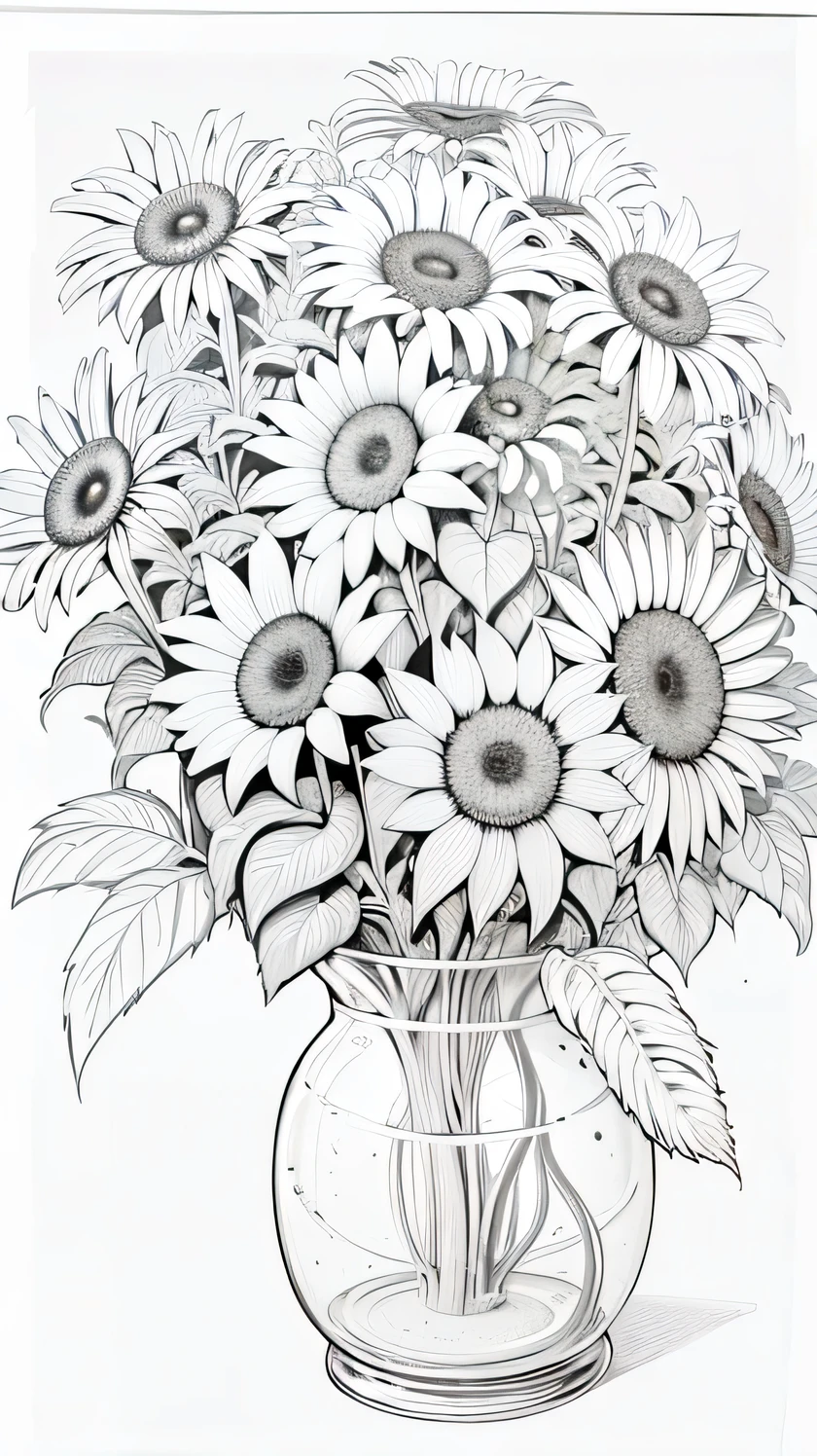 a drawing of a vase filled with lots of flowers on a table, i dream of a vase flowers, flowers with intricate detail, incredibly realistic, sketch black and white colors, banana plants drawing, coloring book outline, detailed flowers, helianthus flowers, crystallic sunflowers, perfect pen and ink line art, black and white detailed sketch, highly realistic and intricate, extremely realistic