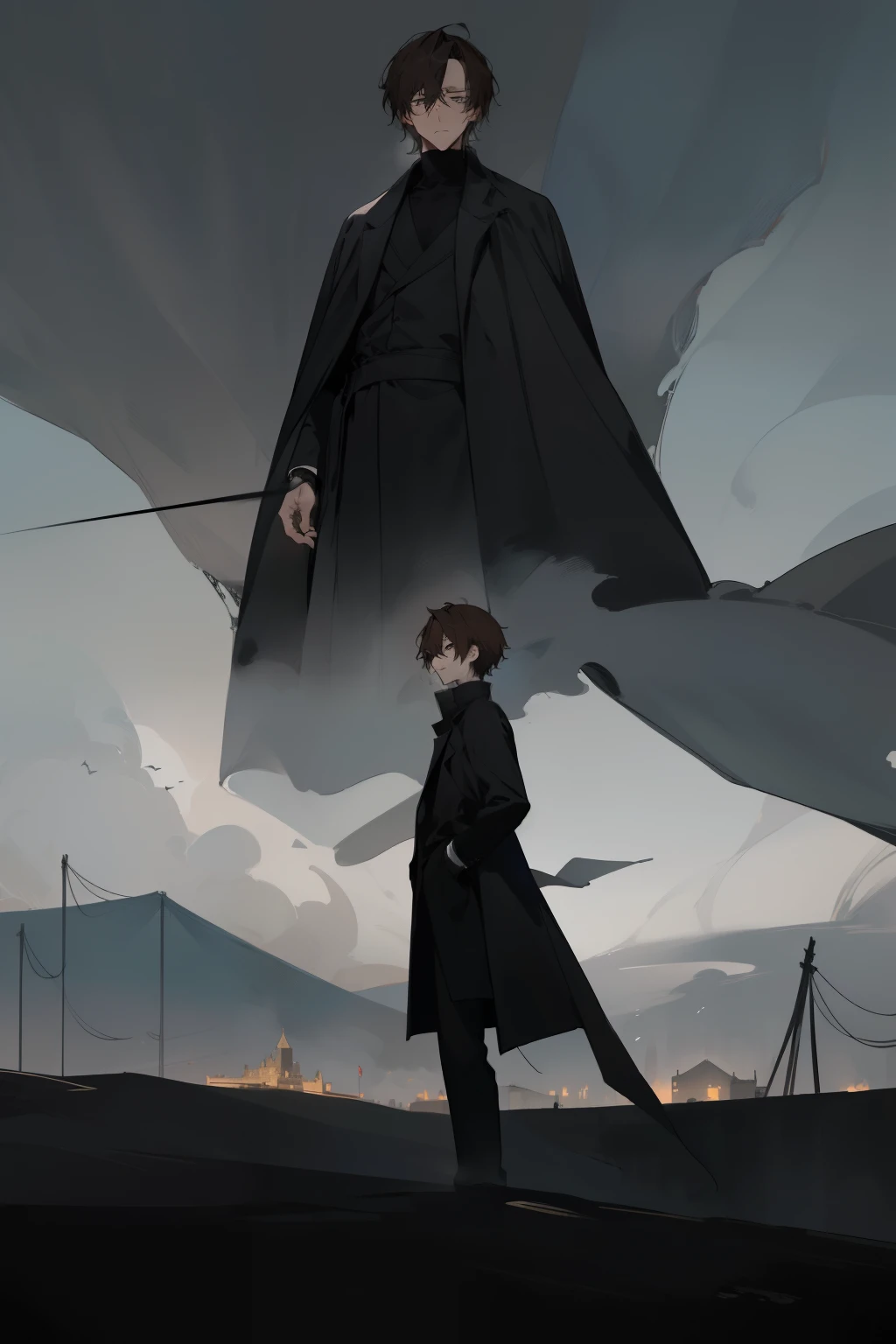 Anime boy with tall stature and medium length, brown hair styled in a curtained fashion, light grey eyes, wearing a black turtleneck and an oversized black overcoat. He stands before an ancient castle backdrop, expressionless, with a faraway gaze. The cinematic anime quality of the scene is accentuated in the distant, long shot. (The scene radiates a sense of mystery and intrigue.)