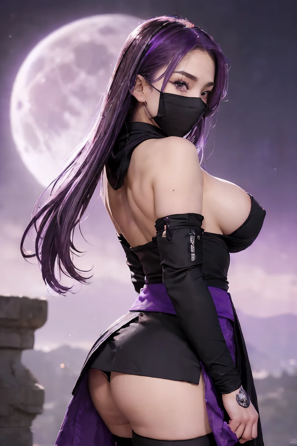 (masterpiece, best quality, cinematic, photorealistic, ultra-detailed), (1girl, female ninja), sexy body, (wide shot, from behind:1.5), perfect hands, wide hips, (bursting breasts:1.3), round ass, (wearing kunoichi dress, a black ensemble consisting of a tunic, tabi socks, hakama skirts, and arm guards, ninja mask and ninja hood, with purple highlights:1.5), (messy purple hair, brown eyes:1.4), (seductive pose, leaning:1.4), (detailed eyes, detailed pupils), (naked, navel, nude), (night, full moon)