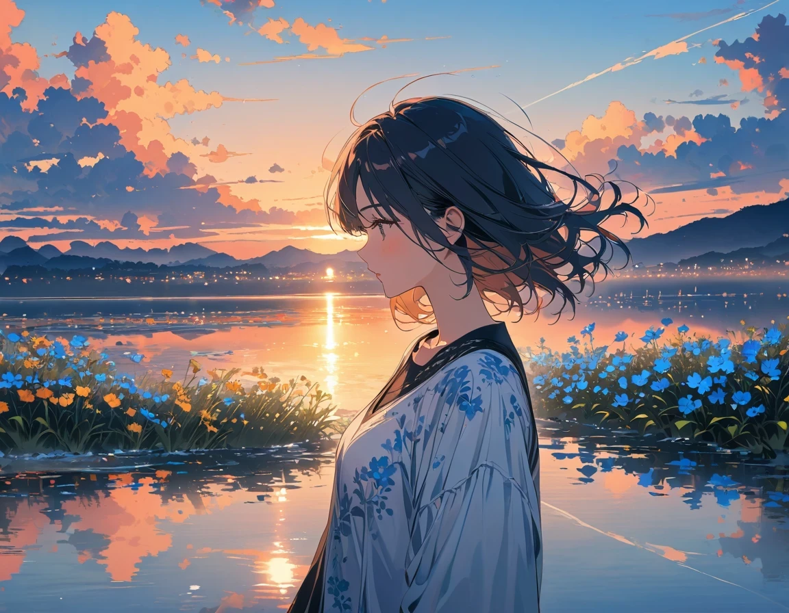 super detailed,Very detailed,best quality,masterpiece,illustration,actual,
mirror of the Sky, reflection, different reflection, 
flower, Sky, cloud, dusk, outdoor, water, blue Sky, contour, wind,flower瓣, falling flower瓣, Sunset, 
 