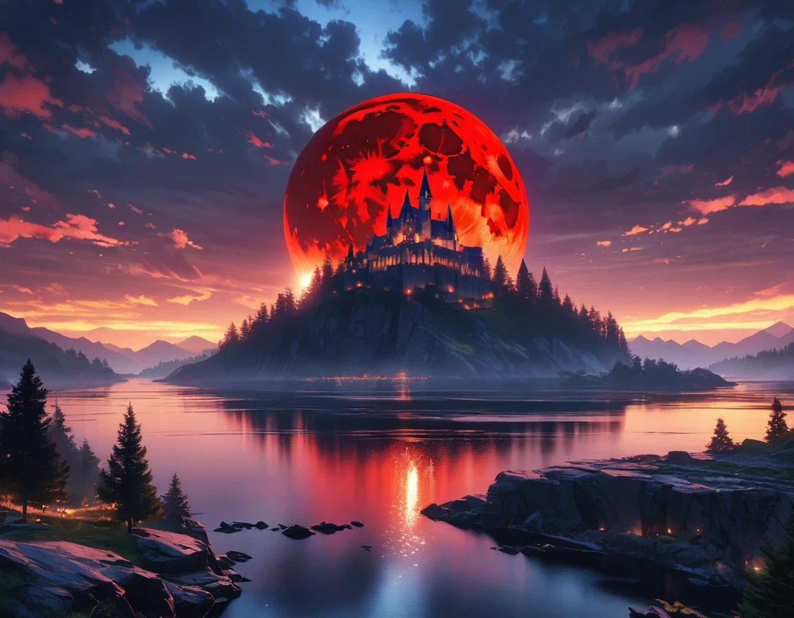 masterpiece, best quality, high quality, Extremely detailed CG unified 8k wallpaper, landscapes, Perfect reflection, stunning water surfaces. outdoor, Sky, cloud, dusk, no humans, castle, Gothic, Mountain, landscape, water, trees, blood moon, waterfall, cliff, nature, lake, river, cloudy Sky, Detail enhancement, Detail enhancement, without defects. Award-winning photography, Bokeh, depth of field, high dynamic range, bloom, Color difference, photorealism, Very detailed, complicated, high detail, dramatic, Castlevania,