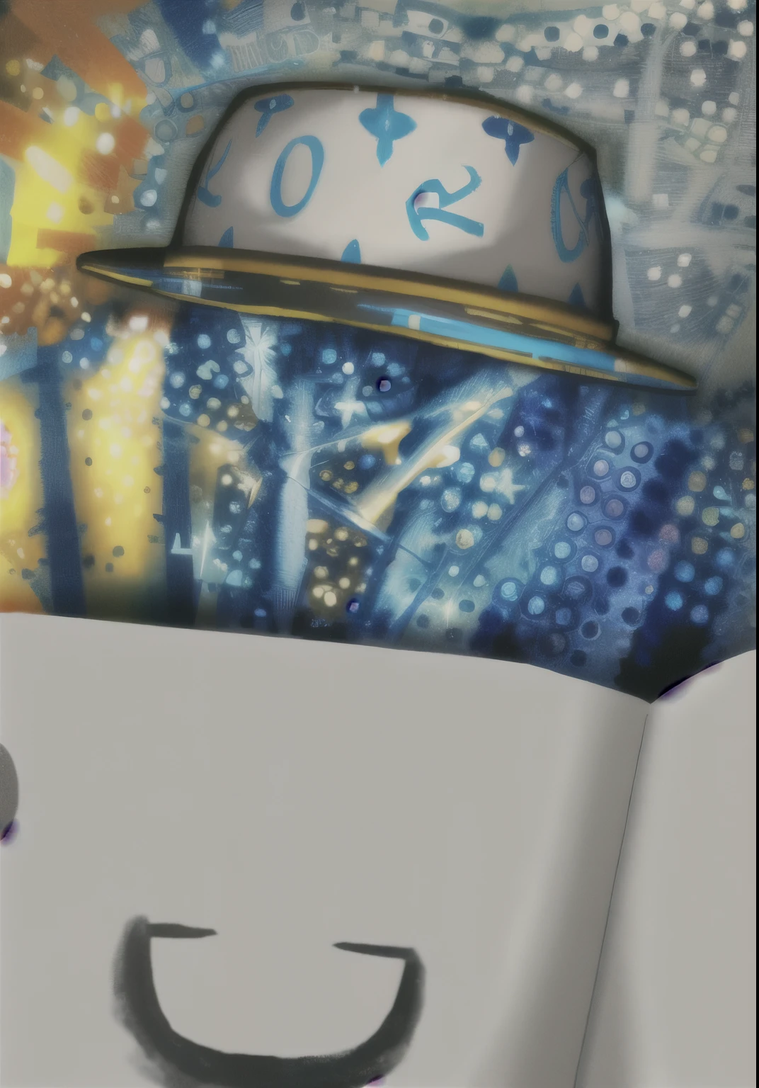 there is a man wearing a hat and a tie with a box, fancy flashy hat, fancy hat, blue fedora, with a weird hat, oversaturated, item art, high hat, ((oversaturated)), dark hat, white hat, wallpaper!, tipping his fedora, 2k, 2 k, faded hat, unknown artstyle, top hat