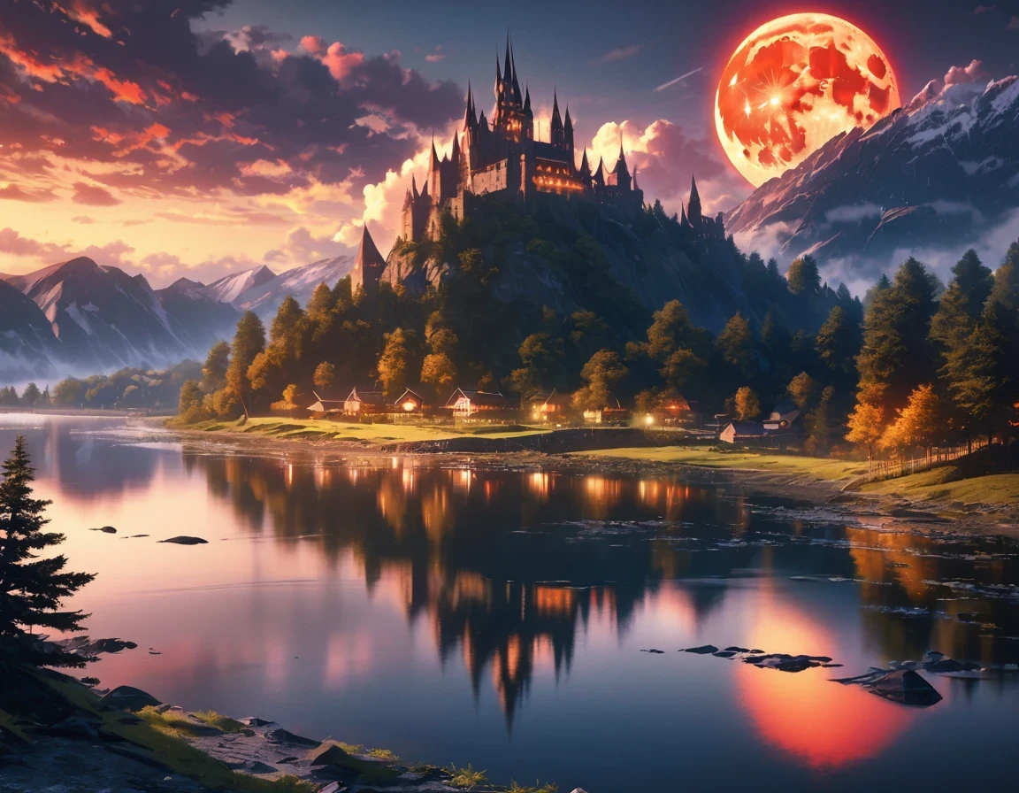 masterpiece, best quality, high quality, Extremely detailed CG unified 8k wallpaper, landscapes, Perfect reflection, stunning water surfaces. outdoor, Sky, cloud, dusk, no humans, castle, Gothic, Mountain, landscape, water, trees, blood moon, waterfall, cliff, nature, lake, river, cloudy Sky, Detail enhancement, Detail enhancement, without defects. Award-winning photography, Bokeh, depth of field, high dynamic range, bloom, Color difference, photorealism, Very detailed, complicated, high detail, dramatic, Castlevania,