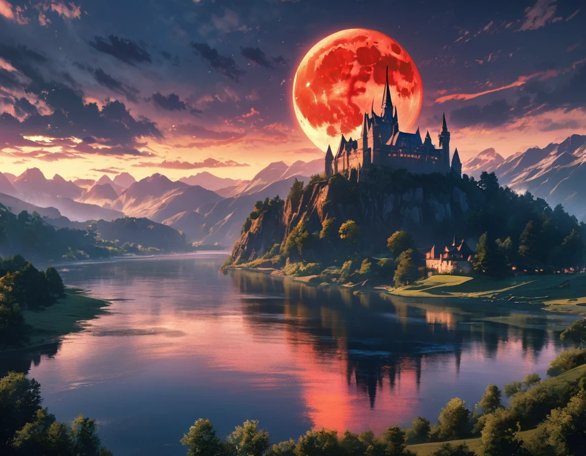 masterpiece, best quality, high quality, Extremely detailed CG unified 8k wallpaper, landscapes, Perfect reflection, stunning water surfaces. outdoor, Sky, cloud, dusk, no humans, castle, Gothic, Mountain, landscape, water, trees, blood moon, waterfall, cliff, nature, lake, river, cloudy Sky, Detail enhancement, Detail enhancement, without defects. Award-winning photography, Bokeh, depth of field, high dynamic range, bloom, Color difference, photorealism, Very detailed, complicated, high detail, dramatic, Castlevania,