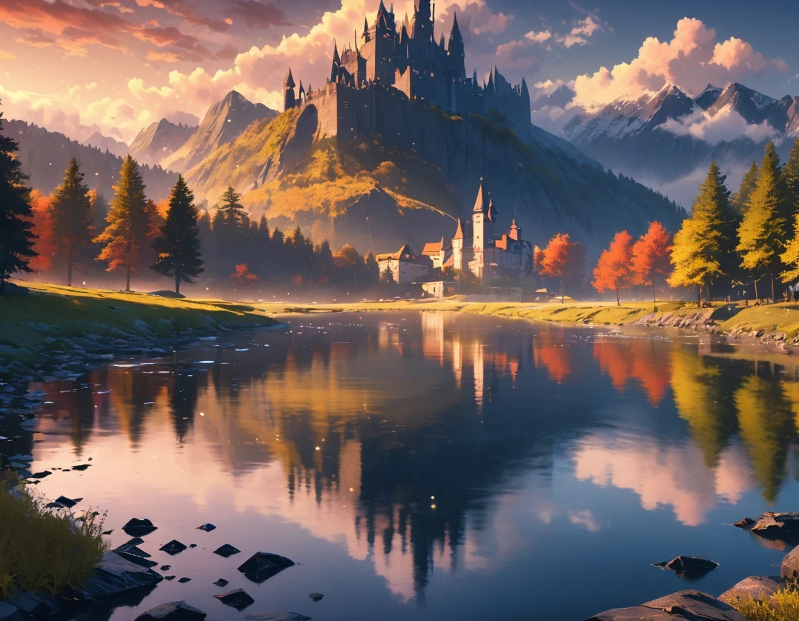 masterpiece, best quality, high quality, Extremely detailed CG unified 8k wallpaper, landscapes, Perfect reflection, stunning water surfaces. outdoor, Sky, cloud, dusk, no humans, castle, Gothic, Mountain, landscape, water, trees, blood moon, waterfall, cliff, nature, lake, river, cloudy Sky, Detail enhancement, Detail enhancement, without defects. Award-winning photography, Bokeh, depth of field, high dynamic range, bloom, Color difference, photorealism, Very detailed, complicated, high detail, dramatic, Castlevania,